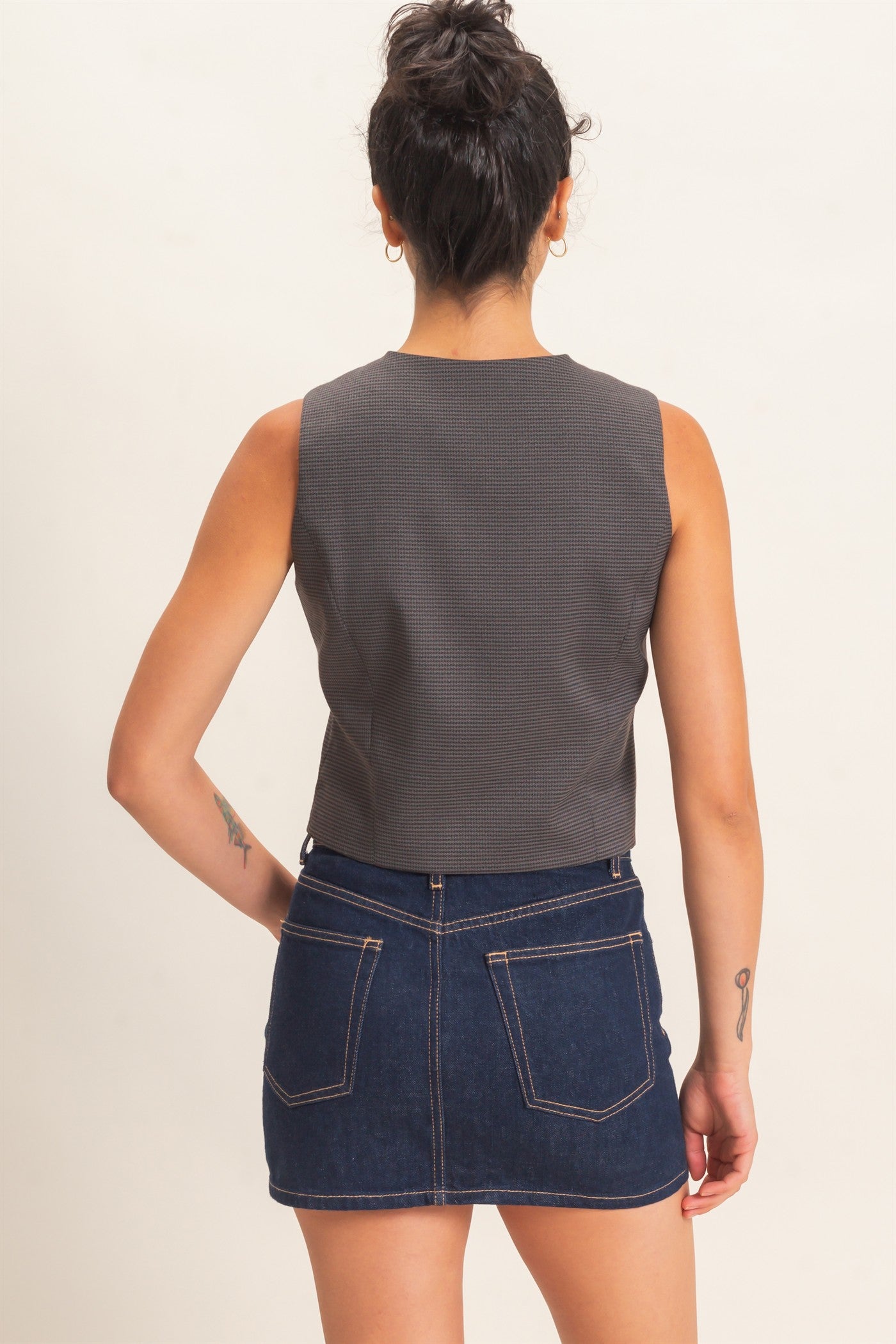 Wholesale Houndstooth Buttoned Vest Clothing Tops DZ26E386 GRAY DOUBLE ZERO
