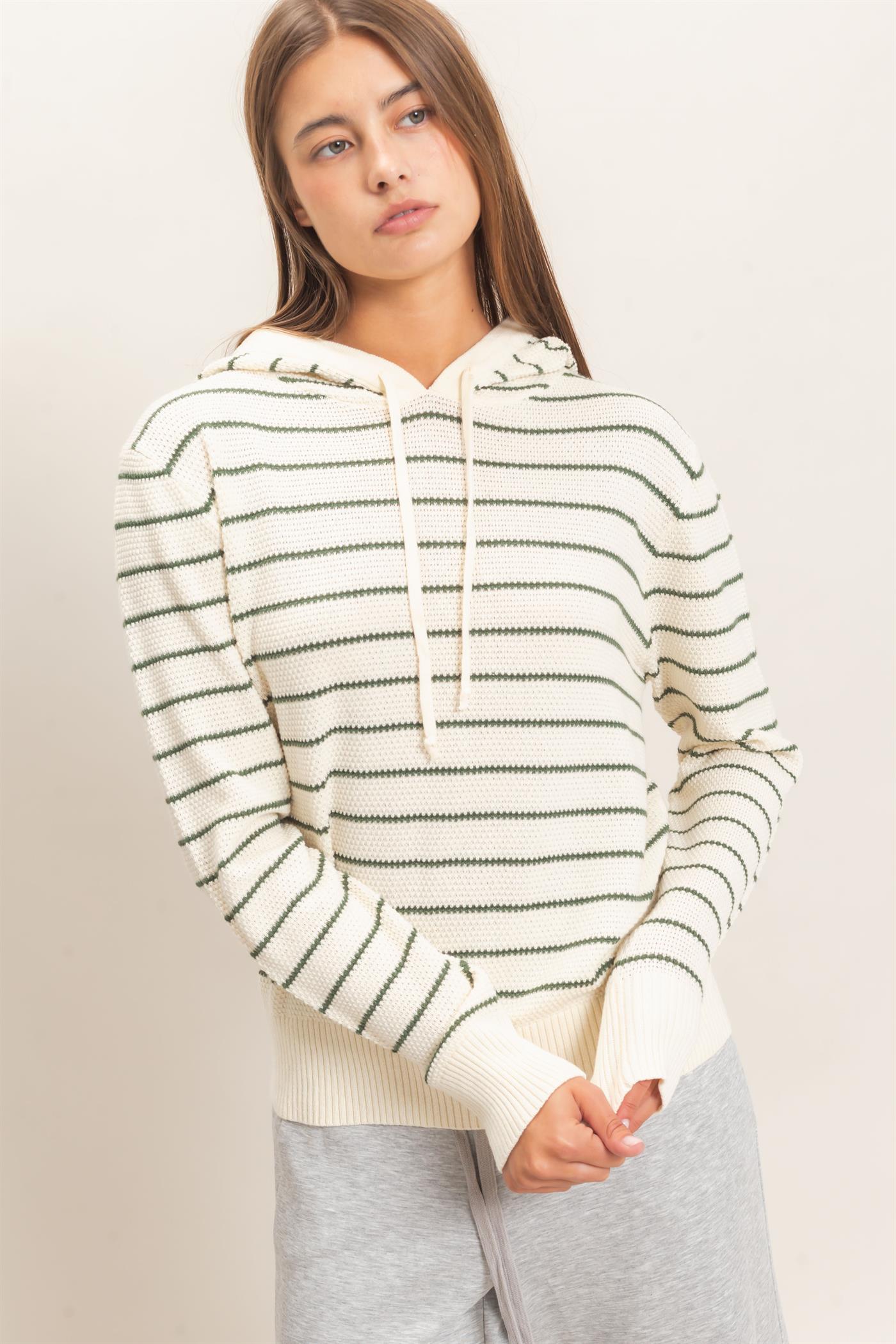Wholesale Striped Hooded Sweater Hoodies DZ26C972 DARK GREEN DOUBLE ZERO