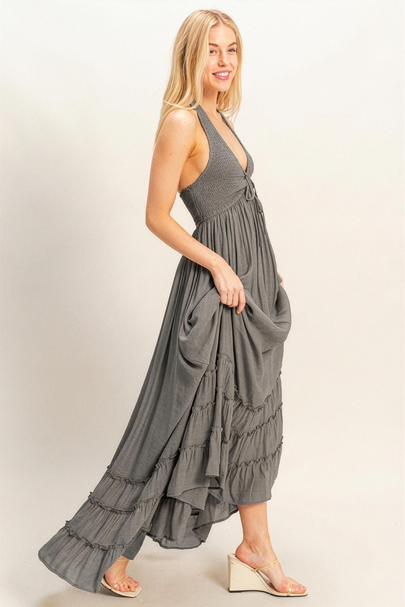 Wholesale Halter Neck Smocked Maxi Dress Dresses HF26C287-D LIGHT GRAY HYFVE