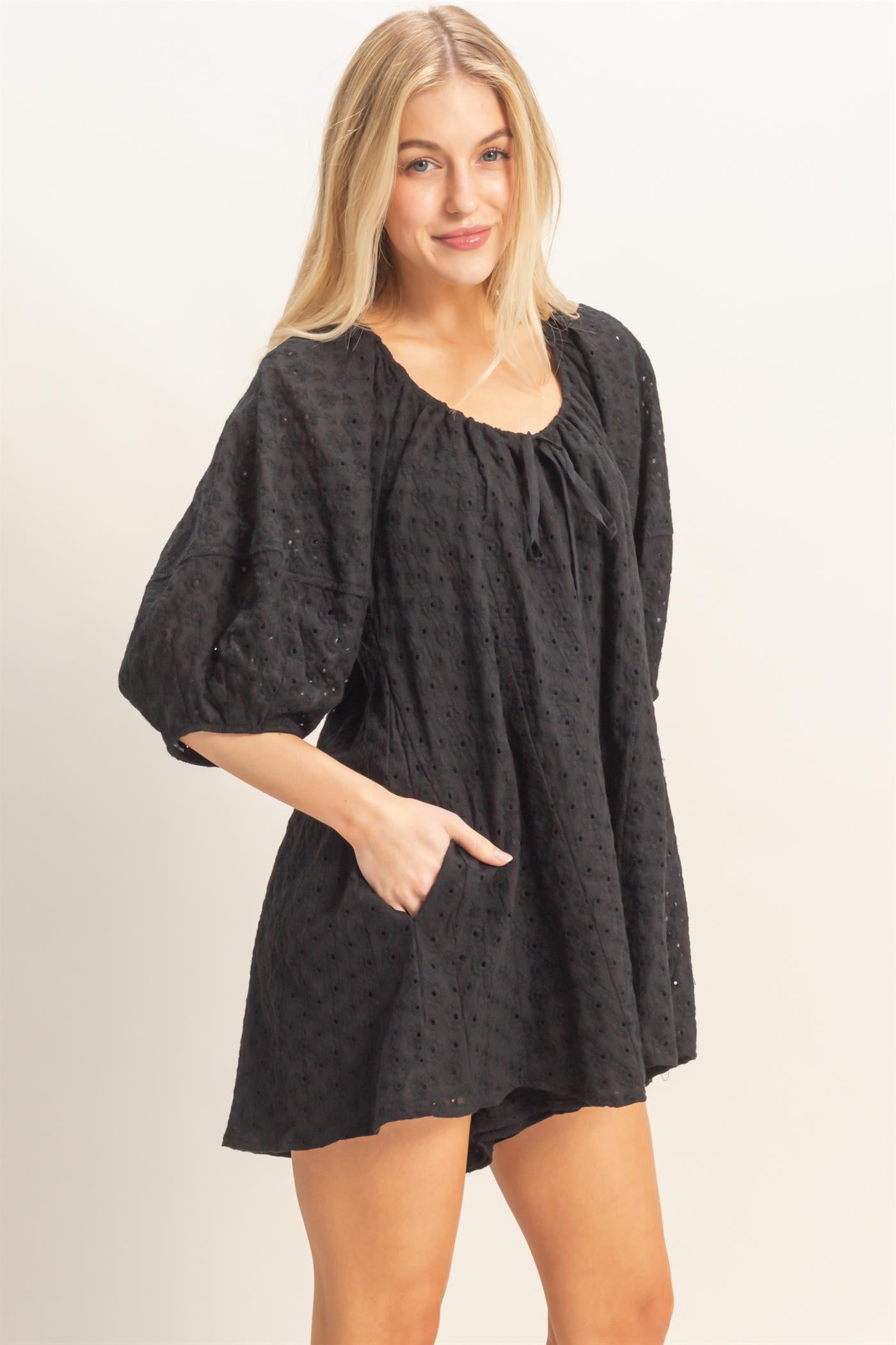 Wholesale Eyelet Babydoll Romper Clothing HF26A181 BLACK HYFVE