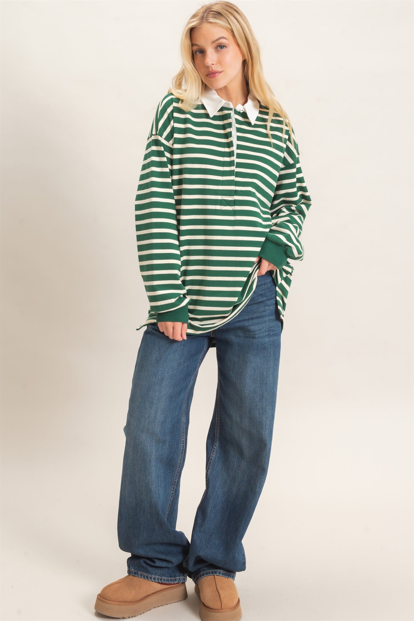 Wholesale Striped Polo Long Sleeve Top Clothing Tops HF26F078 GREEN/CREAM HYFVE