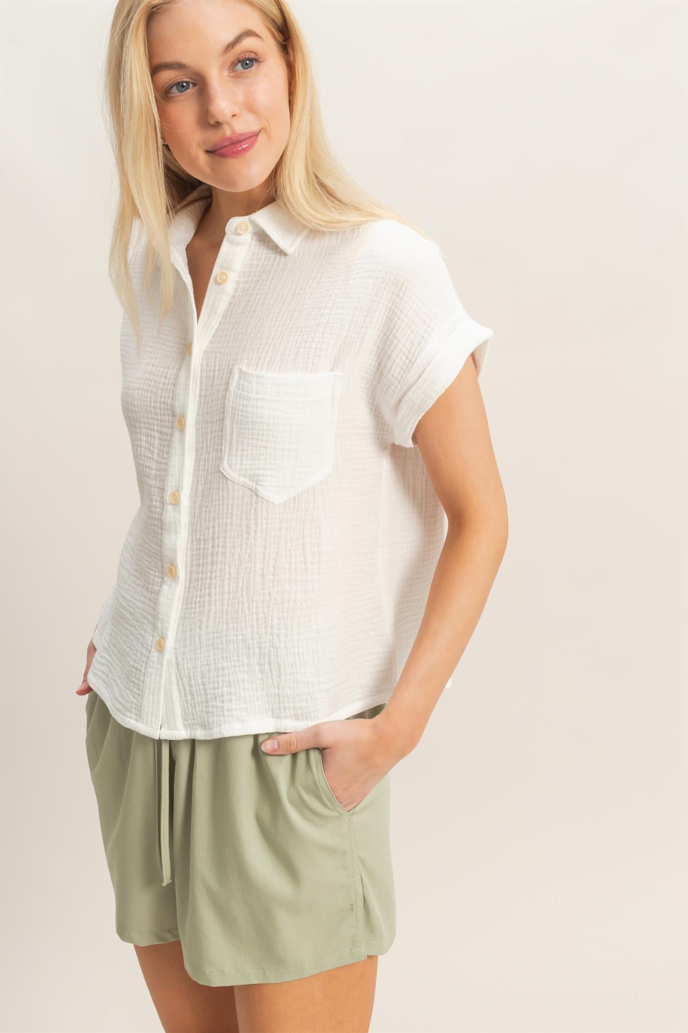 Wholesale Rolled Sleeve Button-Up Top Clothing Tops HF26E526 OFF WHITE HYFVE