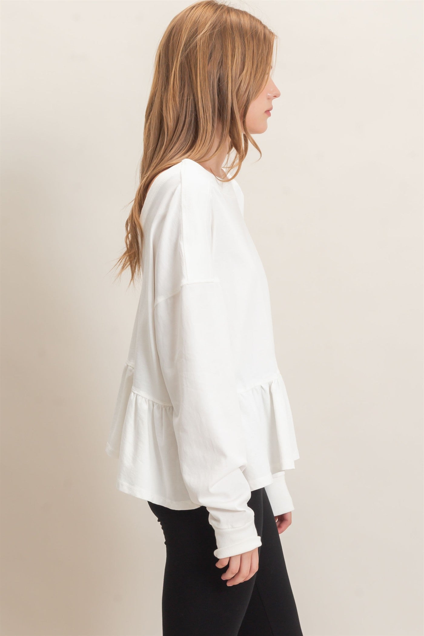 Wholesale Ruffled Hem Long Sleeve Top Clothing Tops HF26E065 OFF WHITE HYFVE
