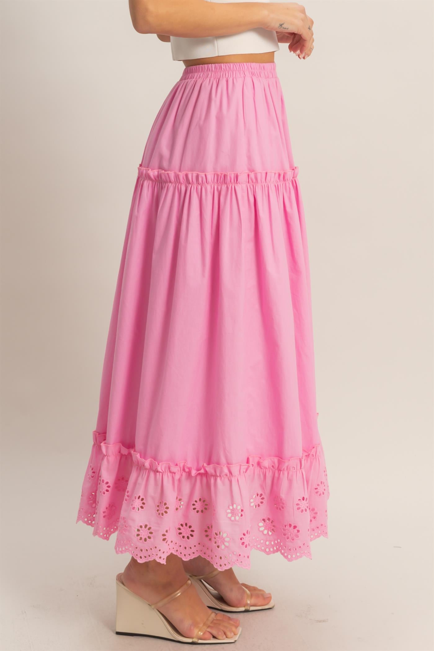 Wholesale Tiered Eyelet Maxi Skirt Skirts HF26C313 PINK HYFVE