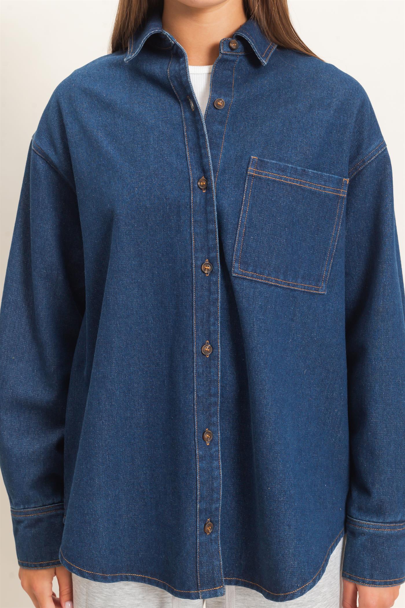 Wholesale Denim Button-Up Collar Shirt Clothing Tops DZ26F410 DARK BLUE DOUBLE ZERO