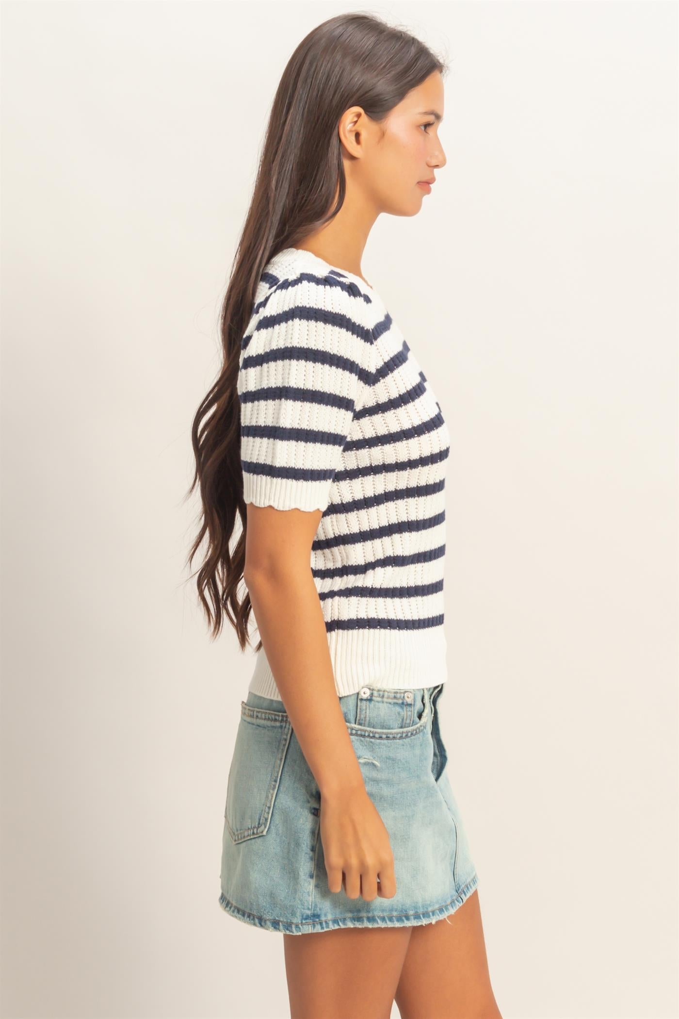 Wholesale Striped Scallop Edge Puff Sleeve Knit Top Shirts DZ26A284 NAVY DOUBLE ZERO