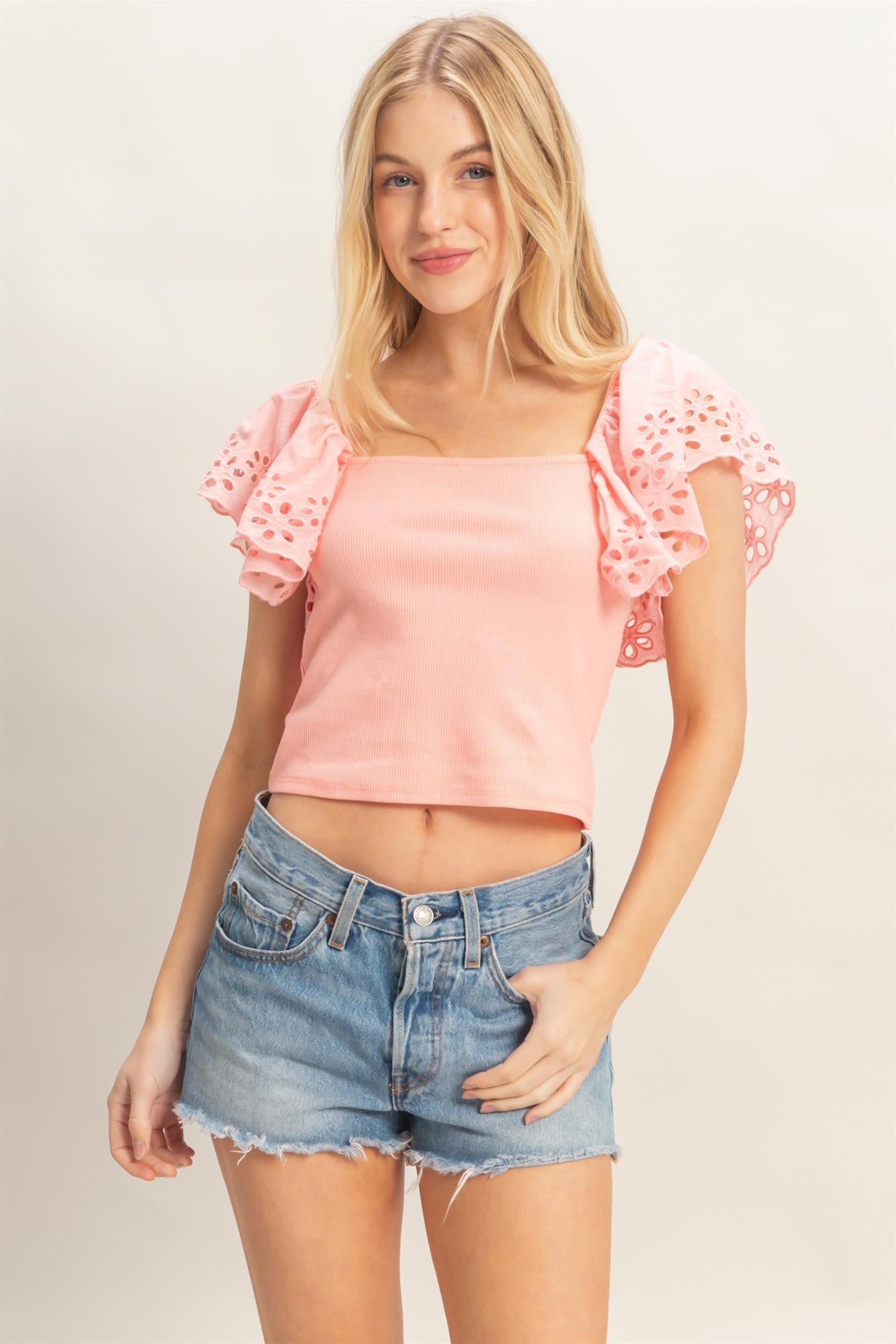Wholesale Square Neck Eyelet Sleeve Top Clothing Tops HF26A623 PINK HYFVE