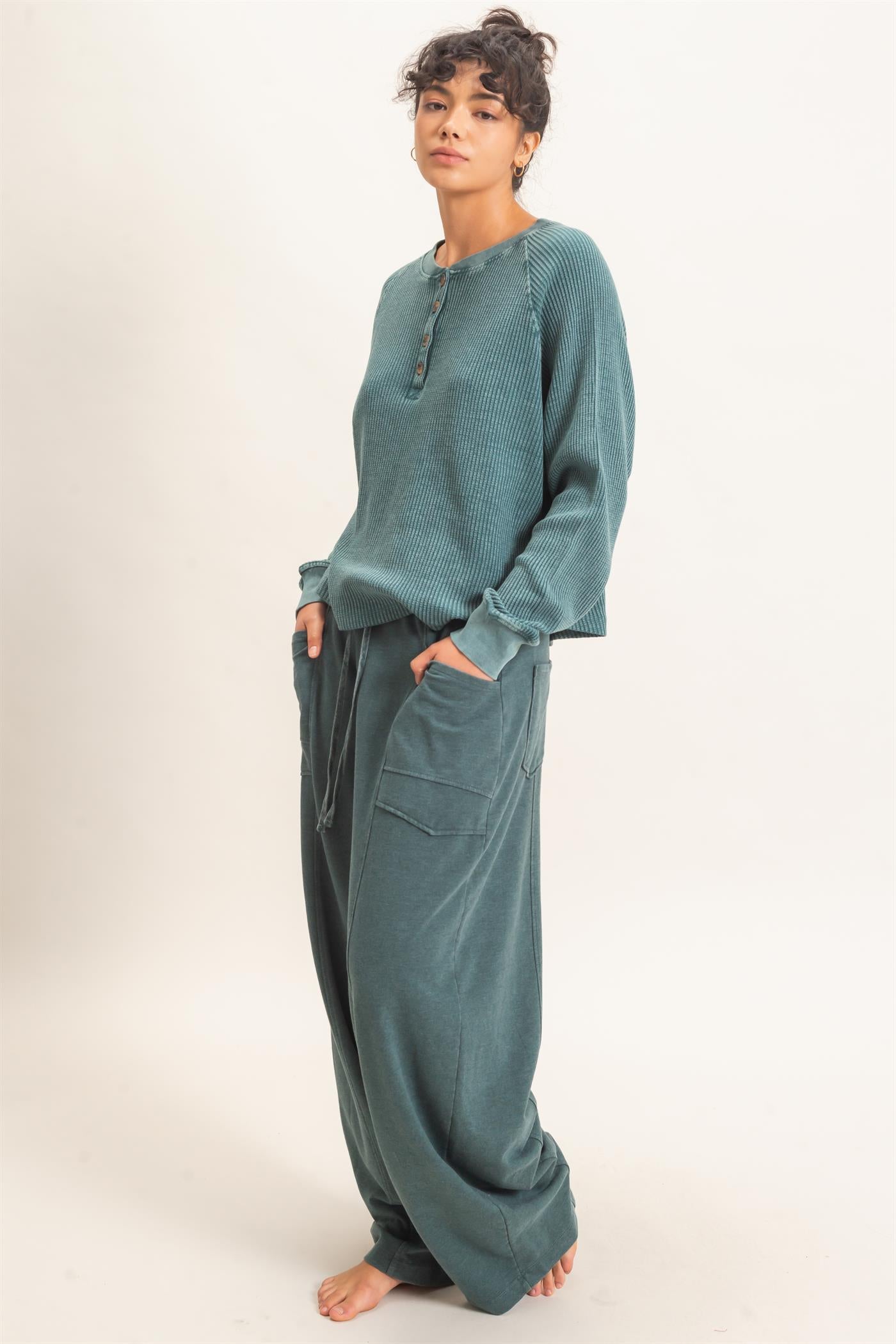 Wholesale Mineral Wash Waffle Knit Henley Top Sweatshirts DZ26E947 DARK TEAL DOUBLE ZERO
