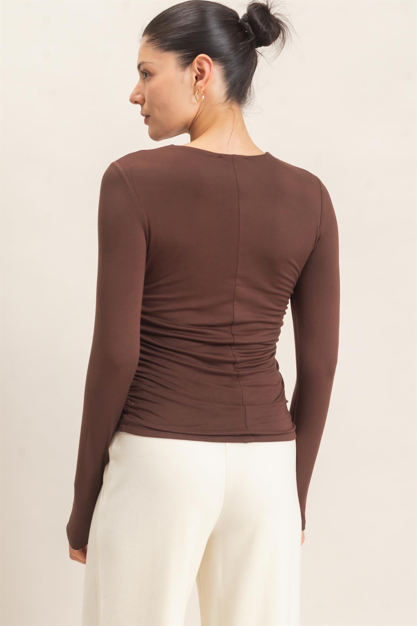 Wholesale Ruched Long Sleeve Top Clothing Tops HF26E776 ESPRESSO HYFVE