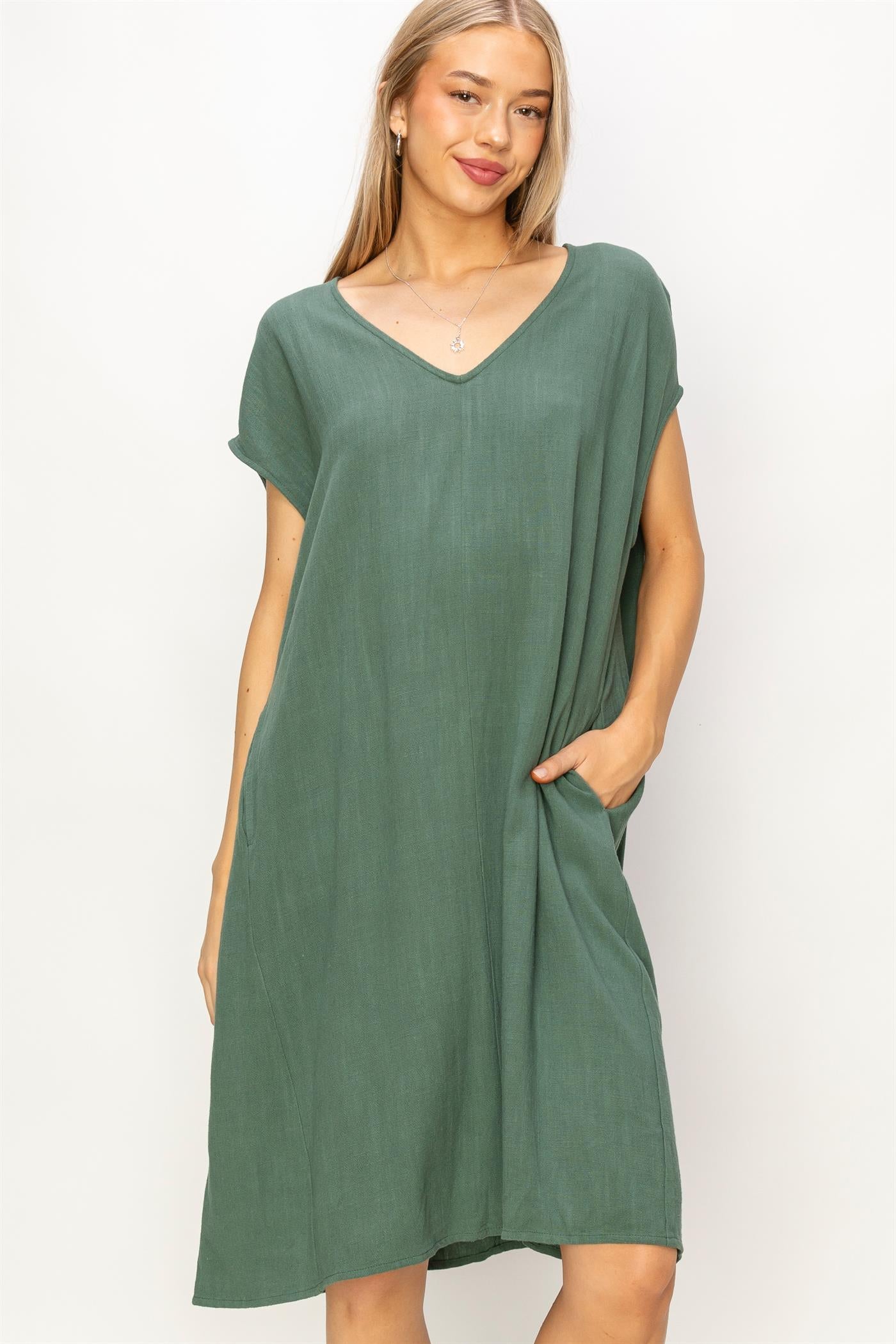 Wholesale V-Neck Oversized Linen Midi Dress Dresses DZ23E033-D GRAY GREEN DOUBLE ZERO