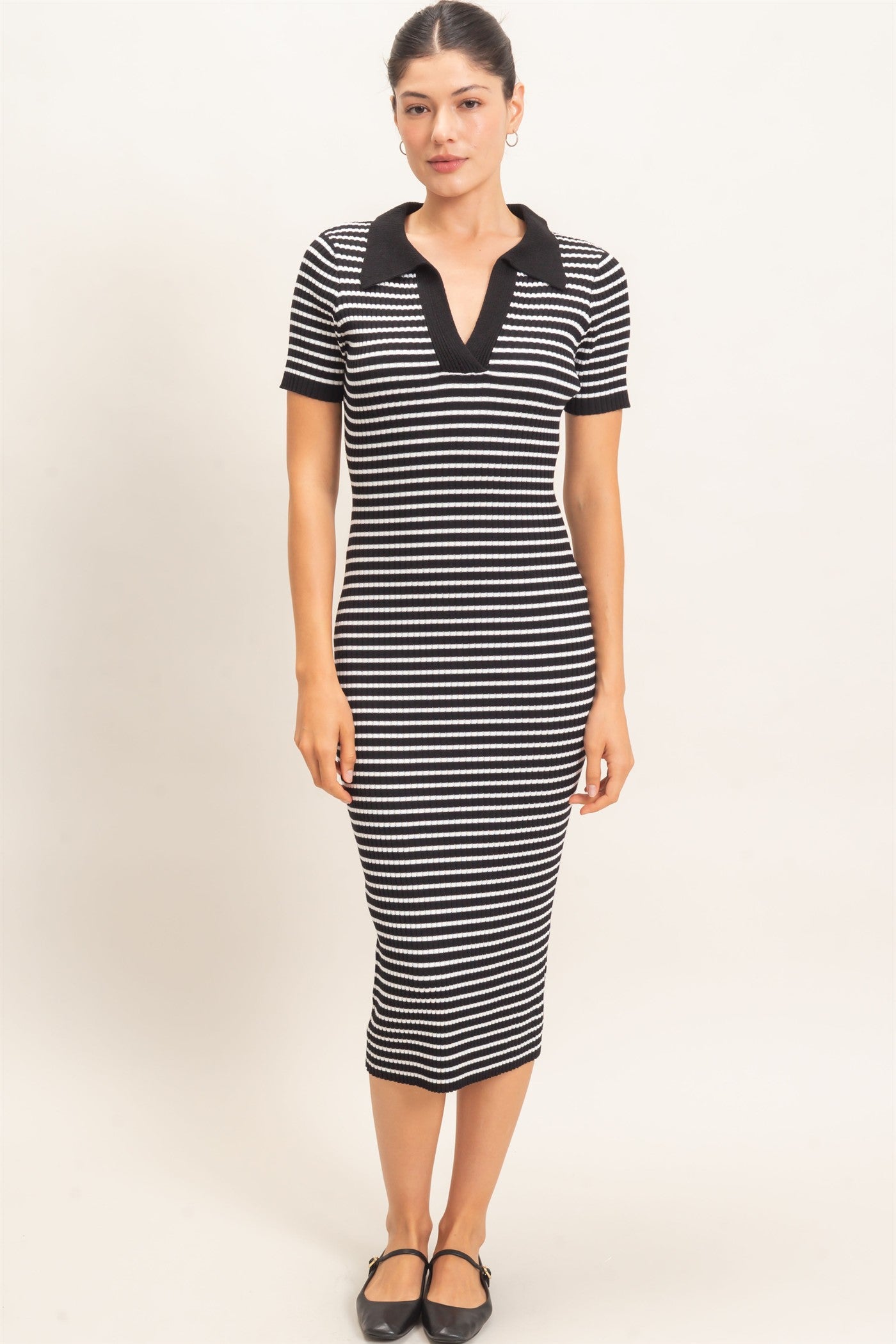 Wholesale Ribbed Collared Midi Dress Dresses HF26E216 BLACK HYFVE