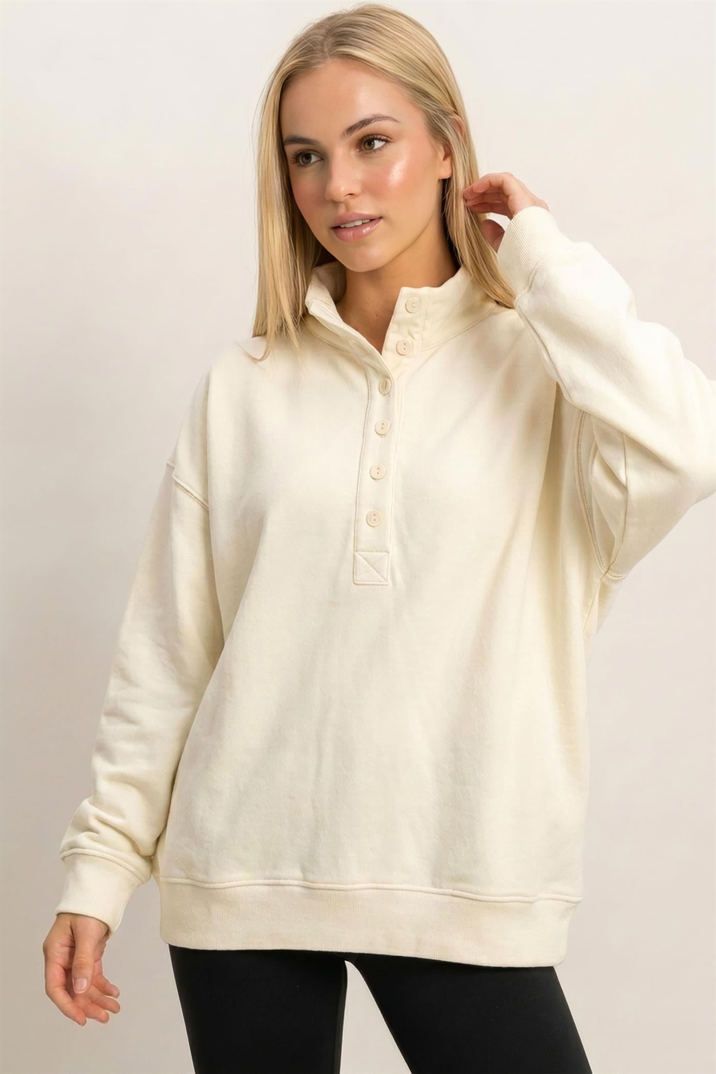 Wholesale Mineral Wash Button Front Sweatshirt Sweatshirts DZ26C909 CREAM DOUBLE ZERO
