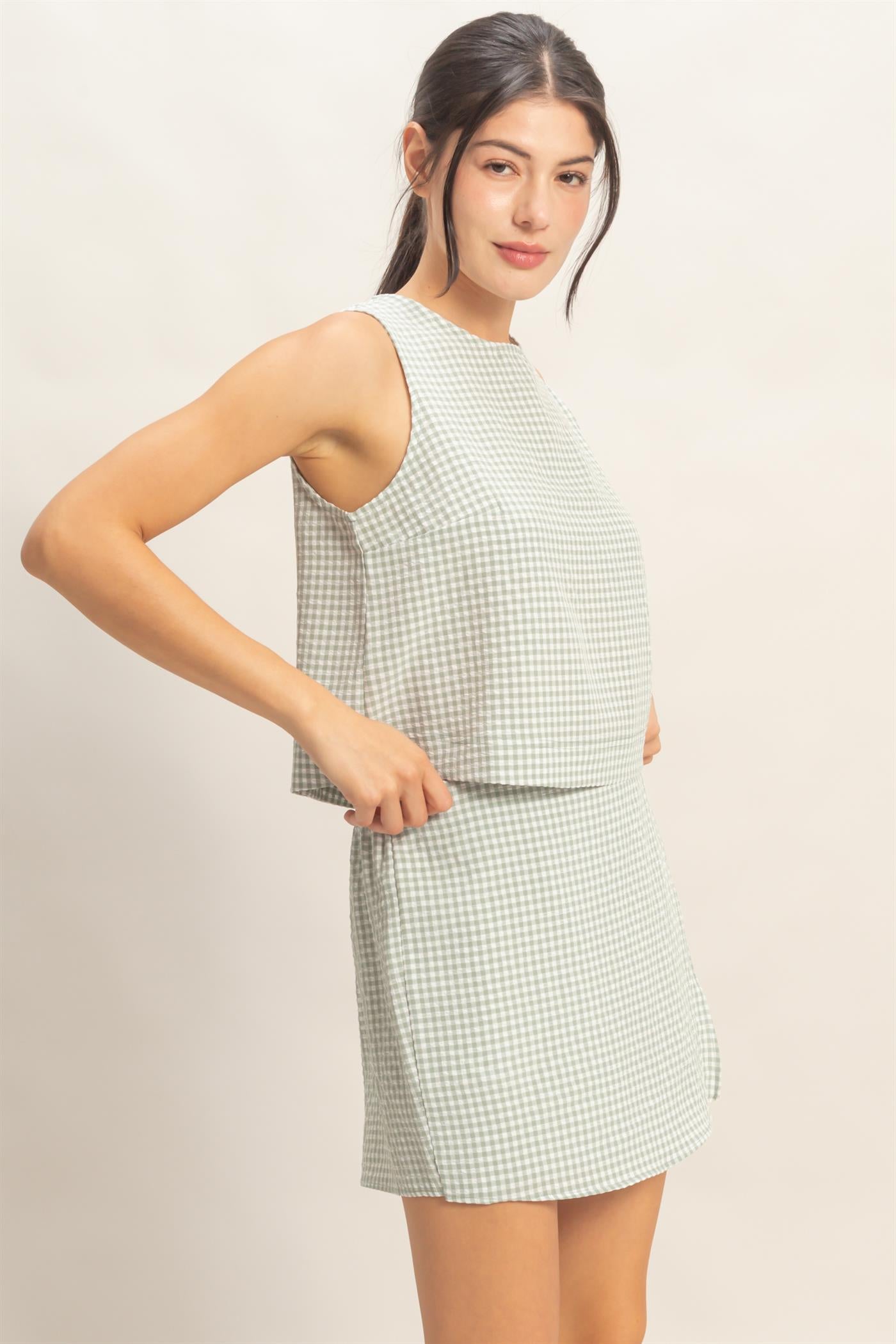 Wholesale Gingham Checkered Sleeveless Top And Skort Set Clothing DZ26C688-SET SAGE GREEN DOUBLE ZERO