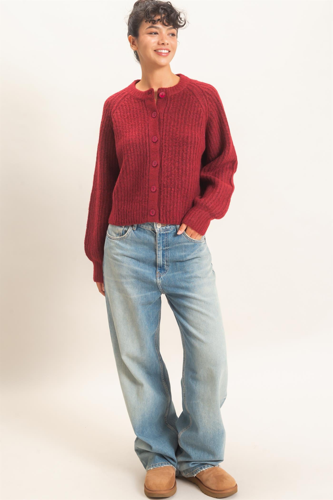 Wholesale Ribbed Button Front Cardigan Cardigans DZ26E109 BURGUNDY DOUBLE ZERO