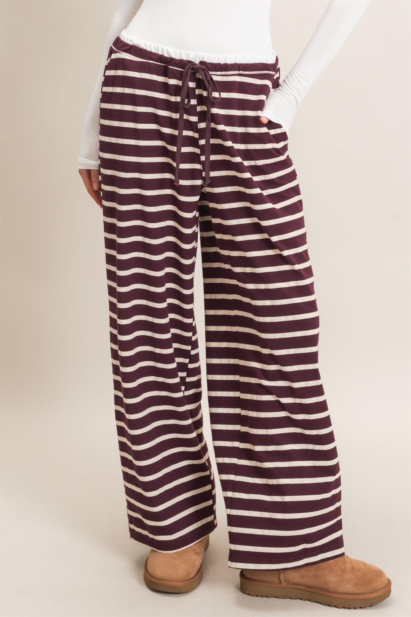 Wholesale Striped Wide-Leg Pants Pants HF26F229-D RASPBERRY/ECRU HYFVE