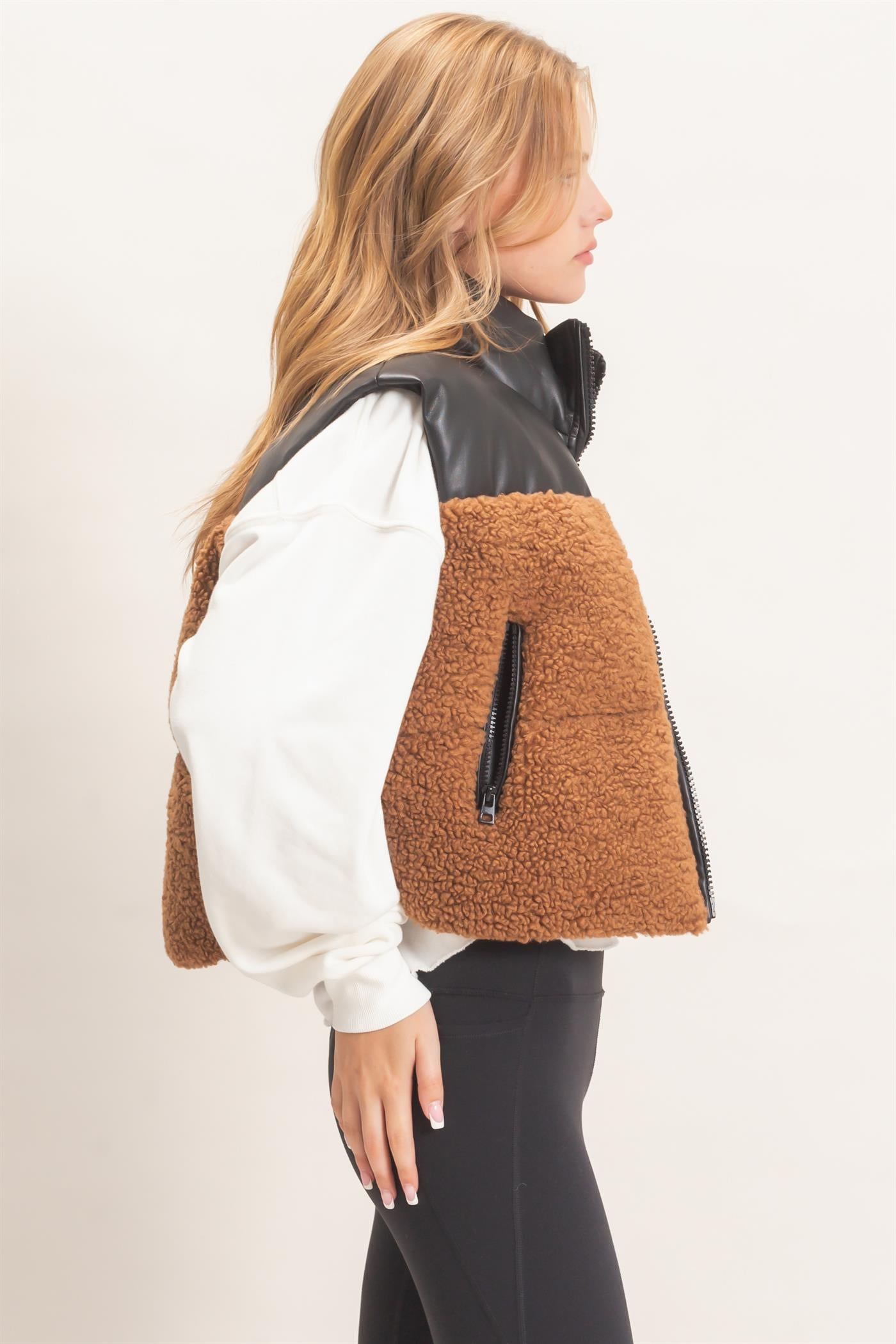 Wholesale Faux Fur & Pu Padded Vest Outerwear HF26F204 LIGHT BROWN HYFVE