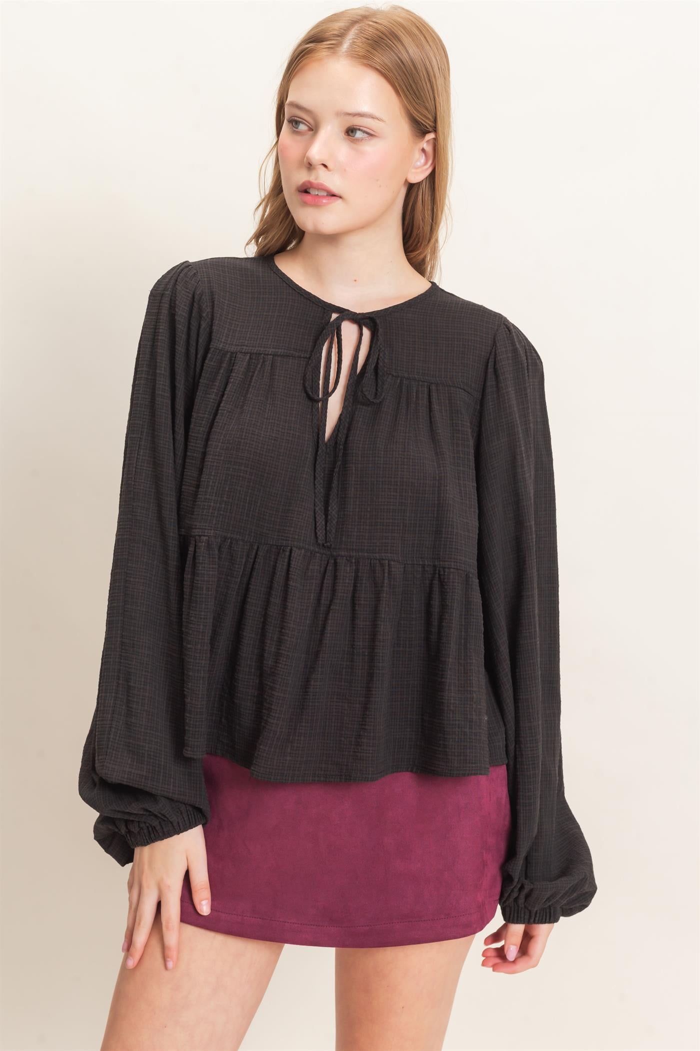 Wholesale Tie Front Peplum Blouse Blouses HF26F065 BLACK HYFVE