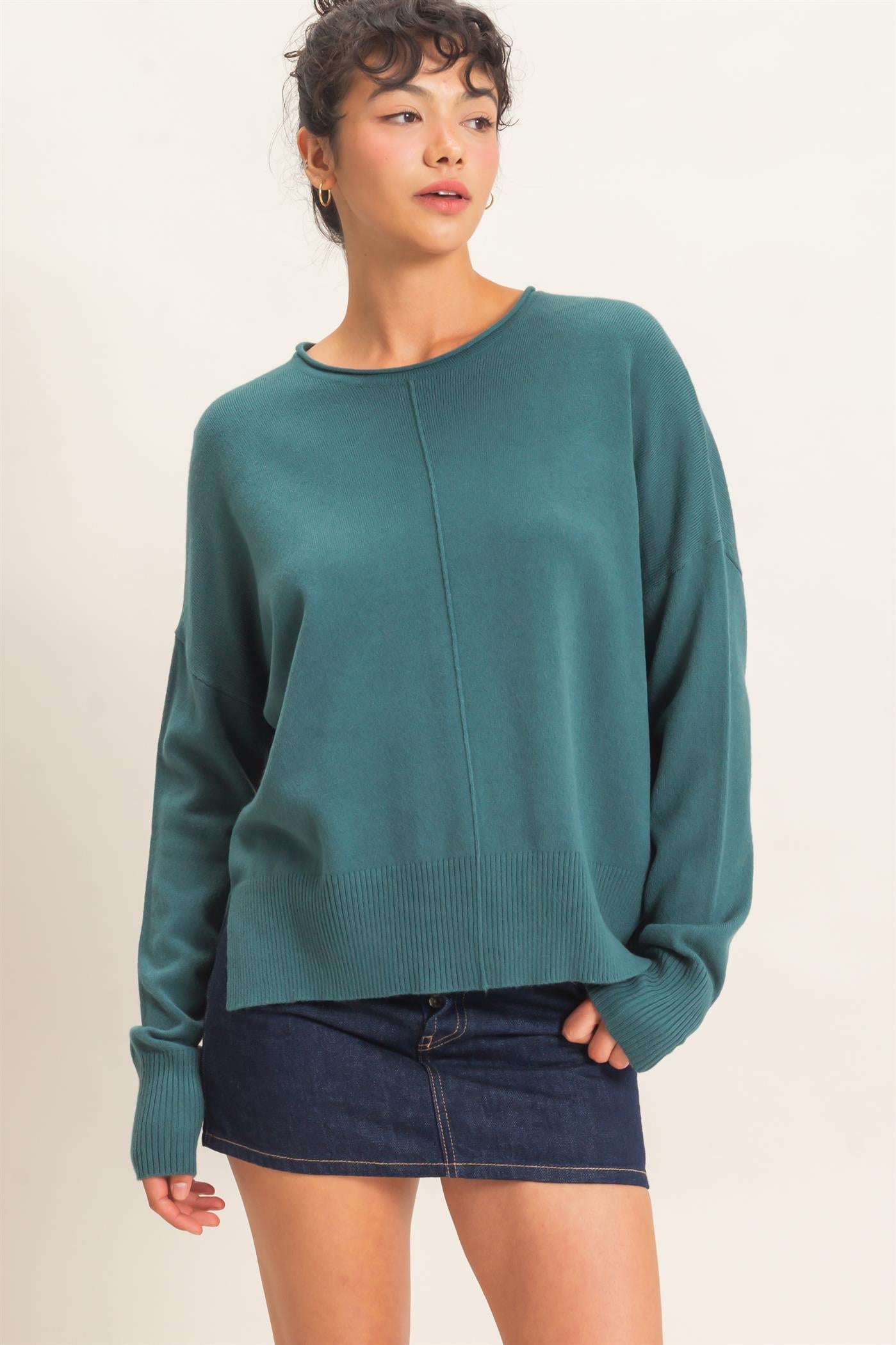 Wholesale Roll Neck Seam Detail Sweater Sweaters DZ26C975 DARK TEAL DOUBLE ZERO