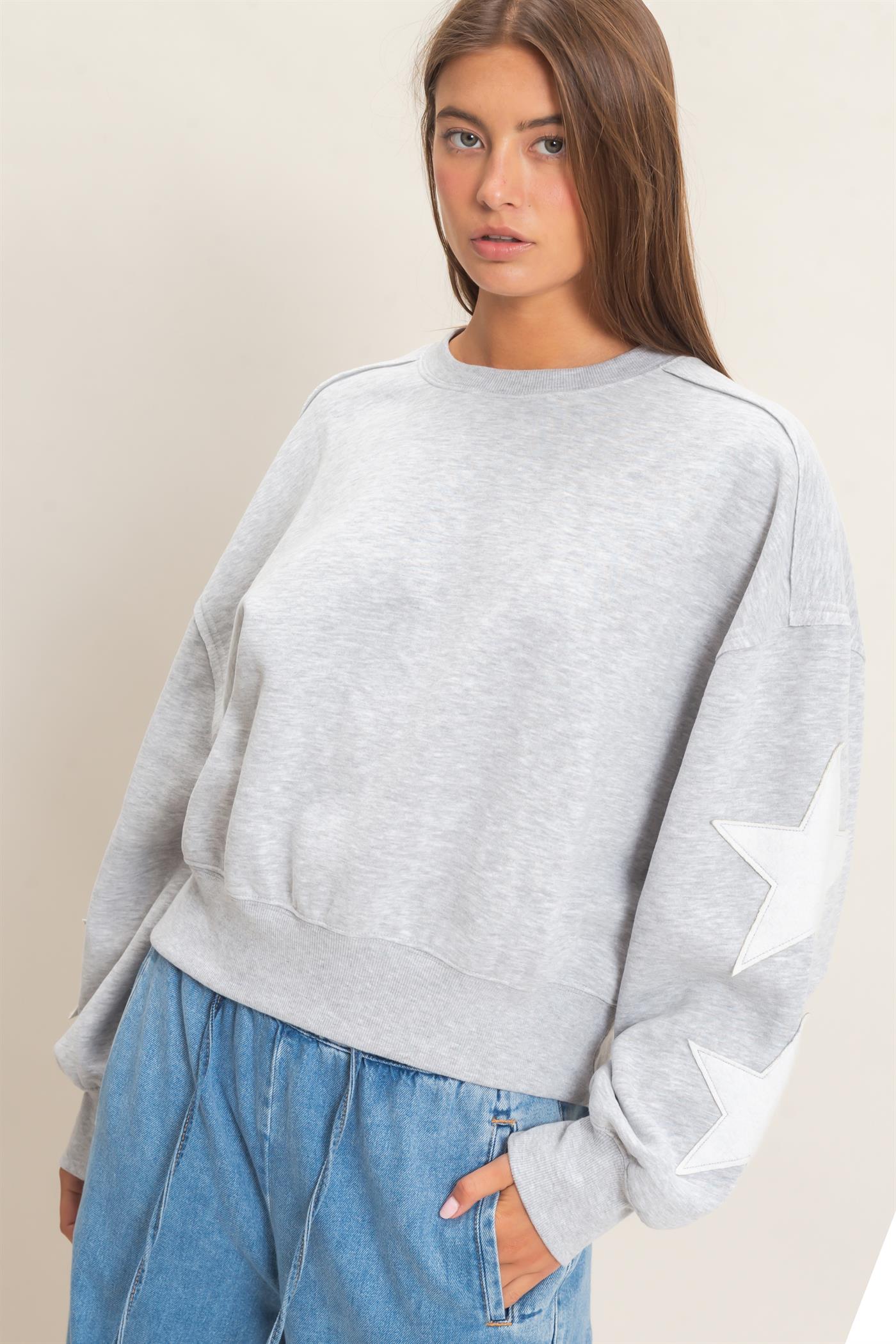 Wholesale Star Patch Sleeve Sweatshirt Sweatshirts DZ26E888 HEATHER GRAY DOUBLE ZERO