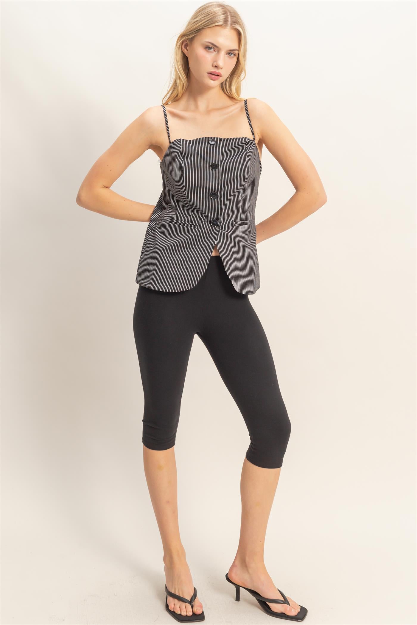 Wholesale Pinstripe Button Front Camisole Tank Tops HF25E715 BLACK HYFVE