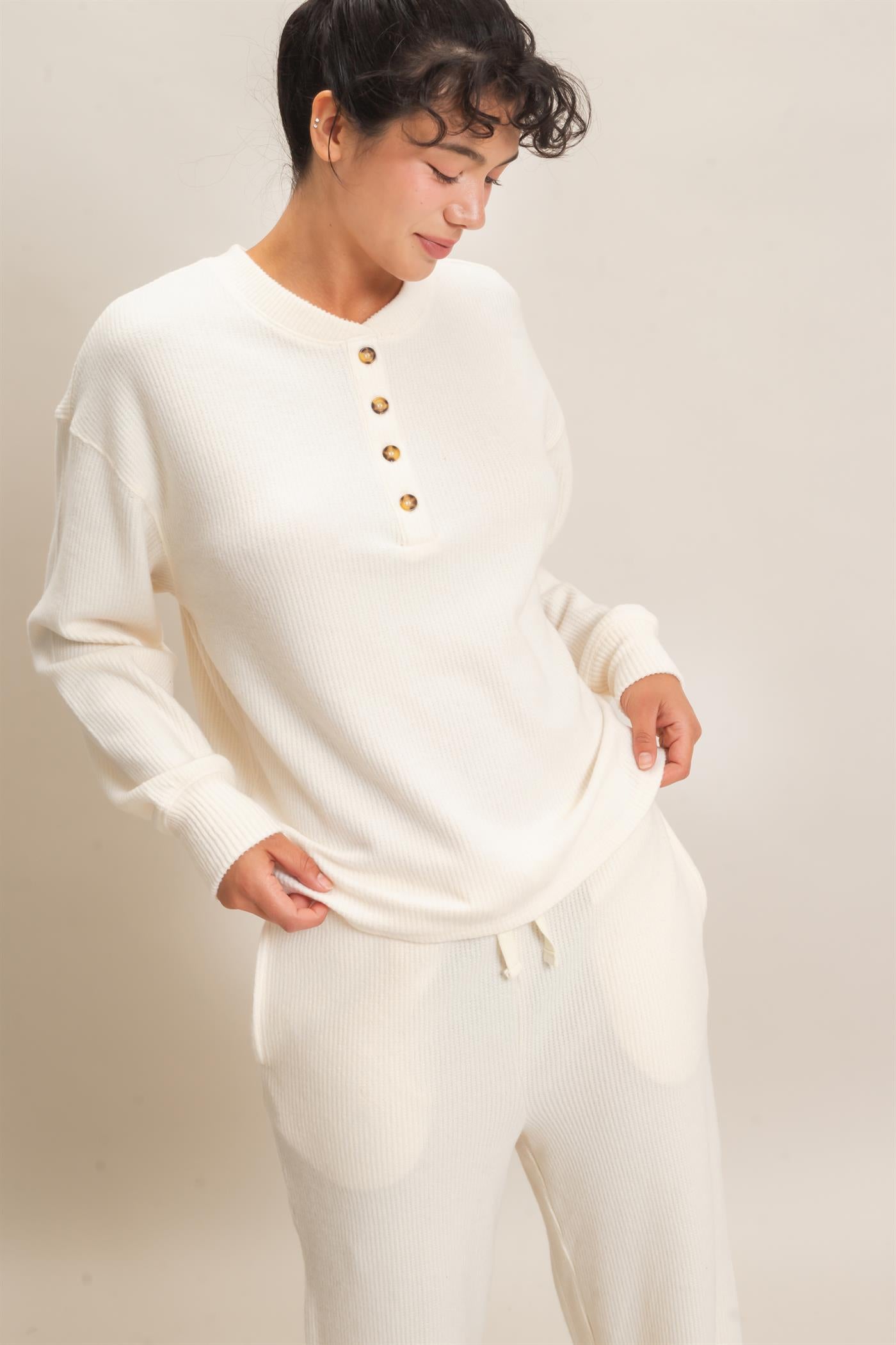 Wholesale Brushed Waffle Henley Top Clothing Tops DZ26F314 CREAM DOUBLE ZERO