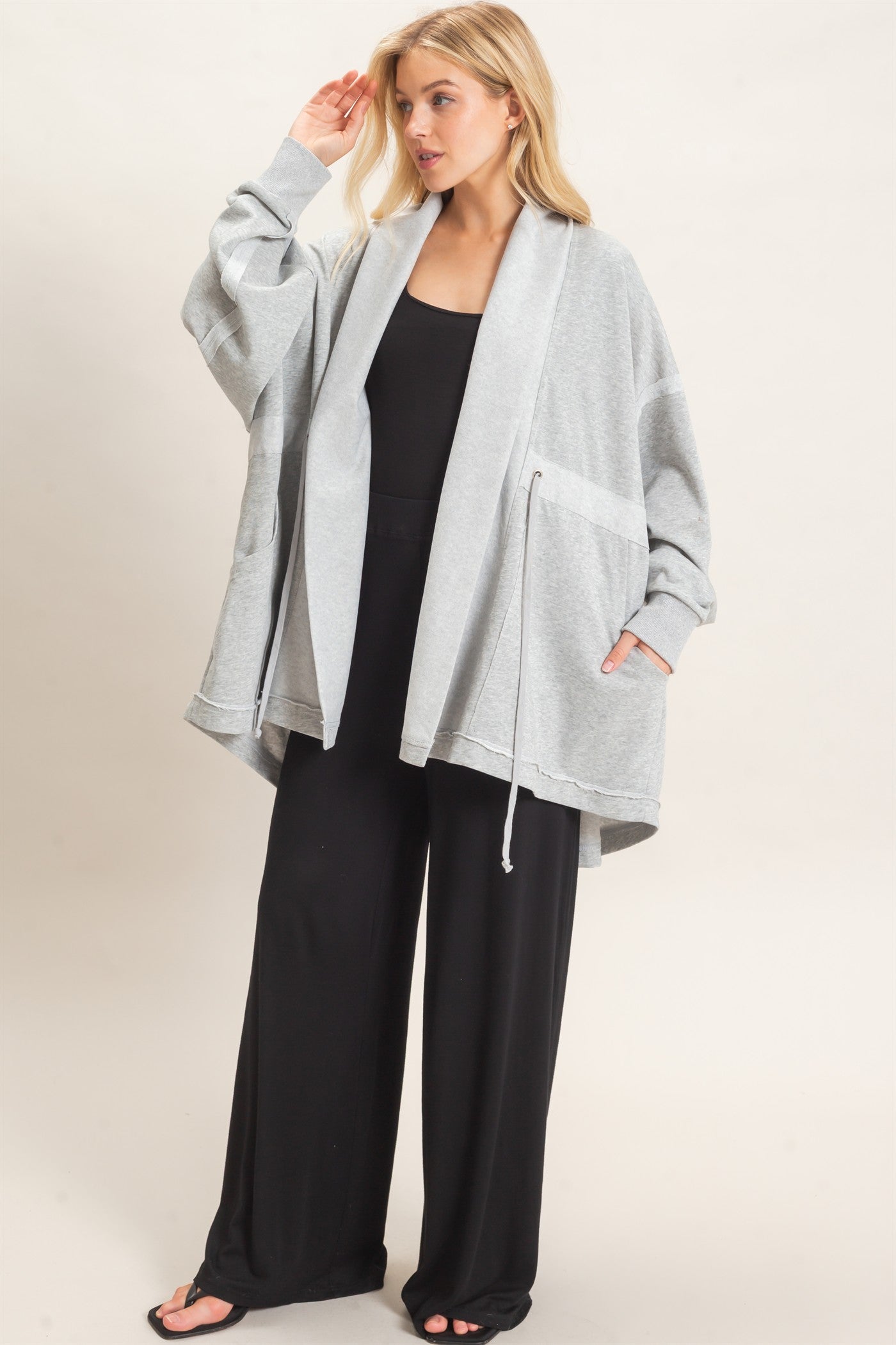 Wholesale Open Front Tie Waist Cardigan Cardigans HF26C778 HEATHER GRAY HYFVE