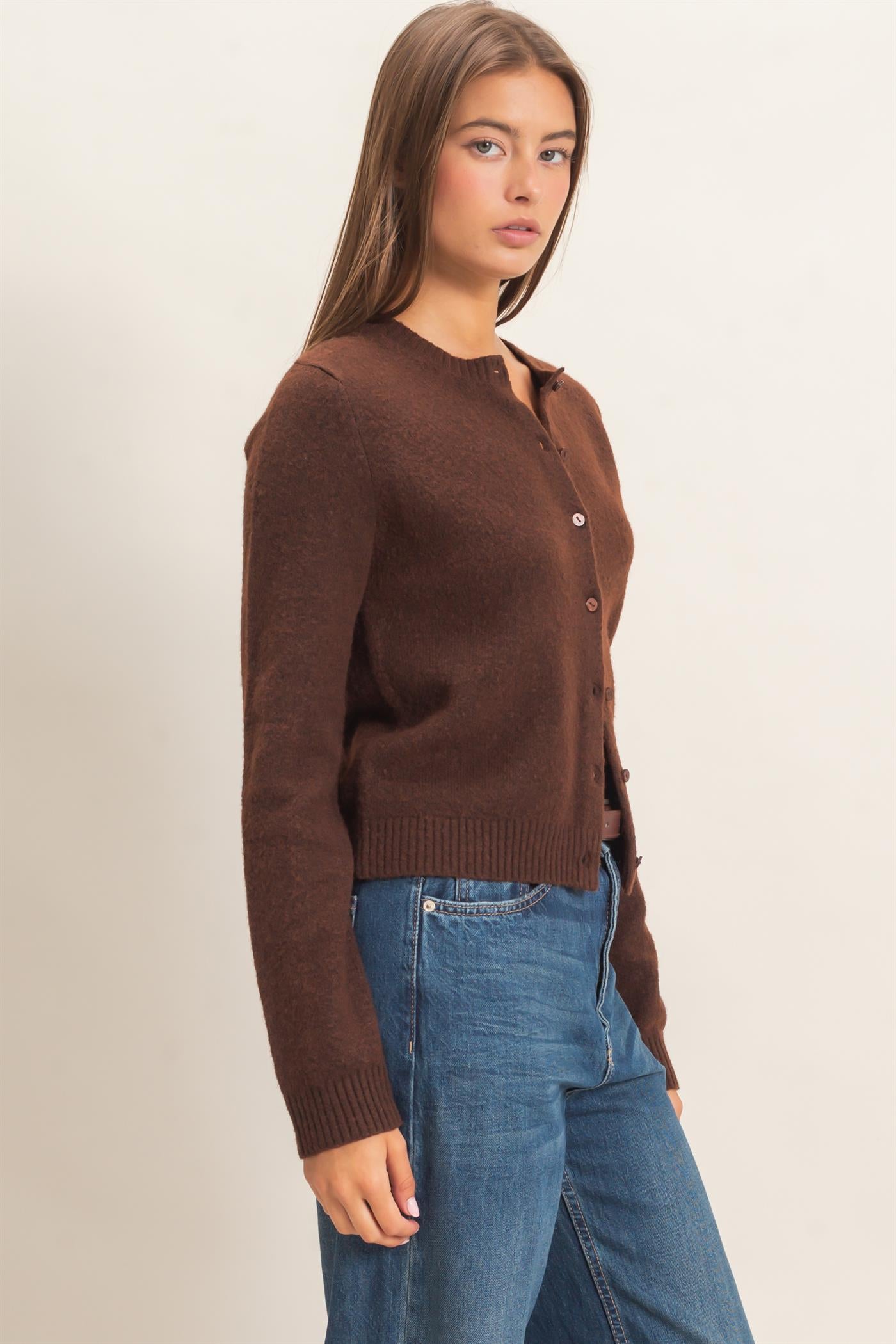 Wholesale Crew Neck Cardigan Cardigans DZ26E119 DARK BROWN DOUBLE ZERO