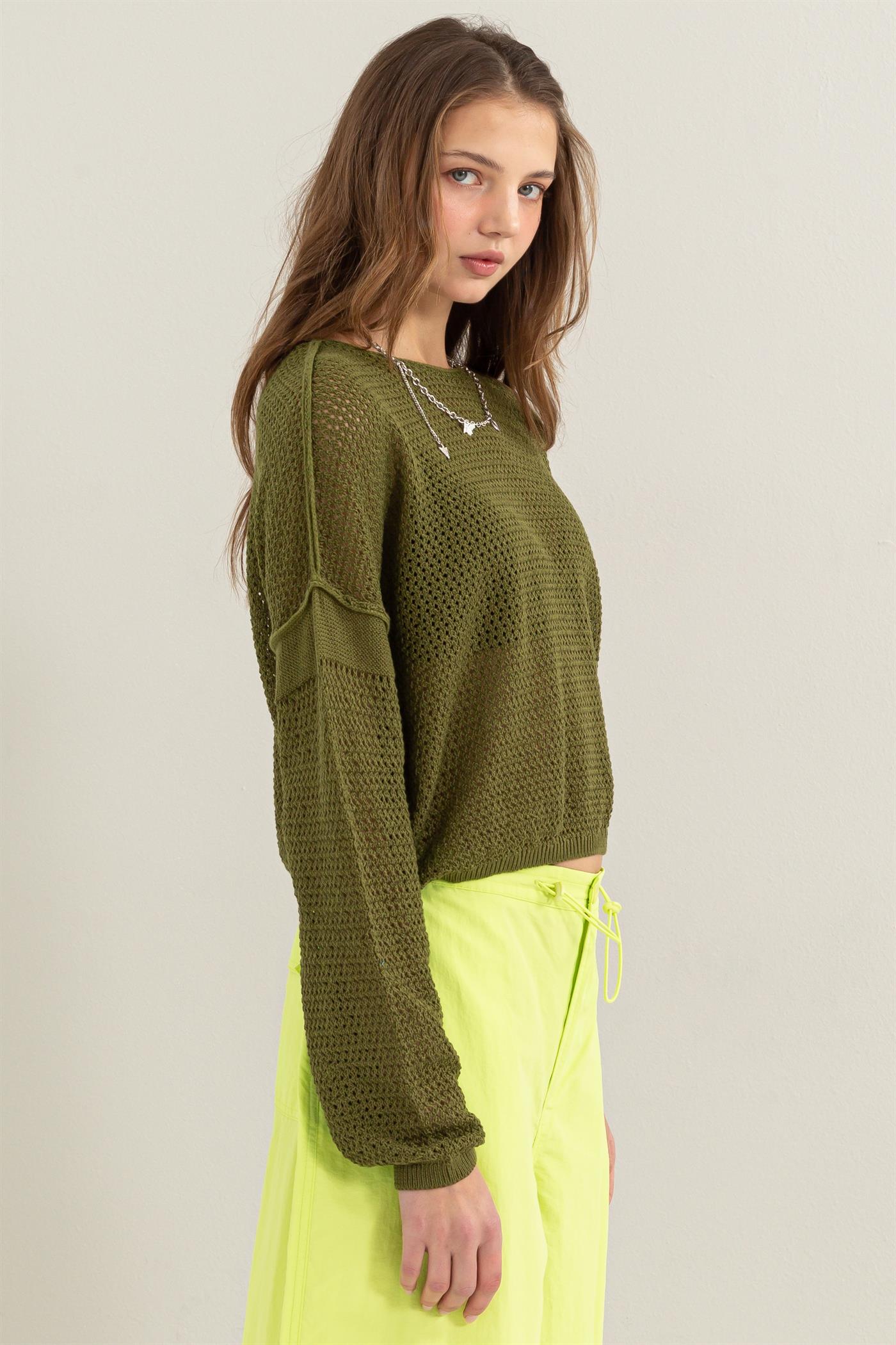 Wholesale Open Knit Drop Shoulder Sweater Clothing Tops DZ24C033 MOSS DOUBLE ZERO