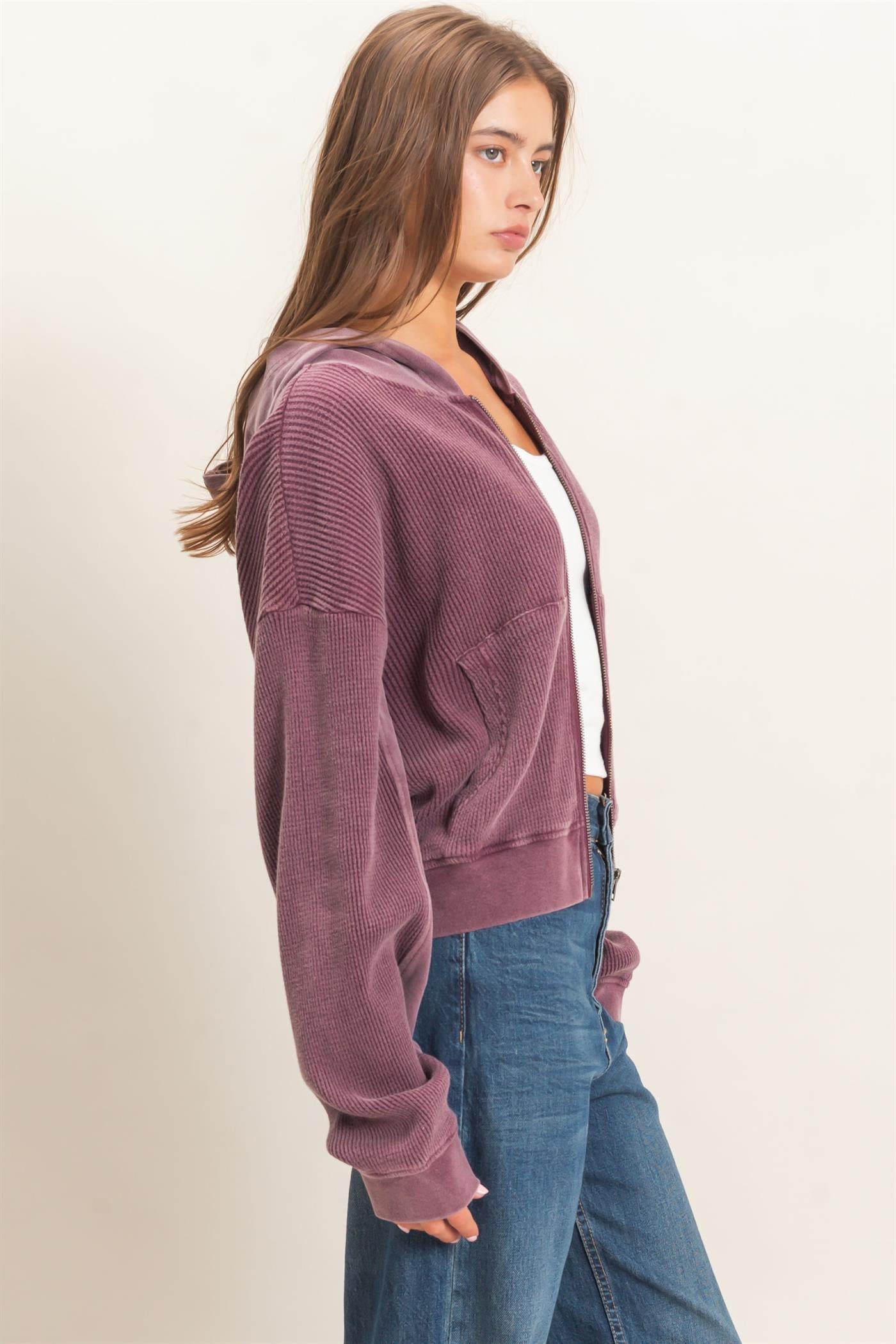 Wholesale Acid Wash Waffle Knit Zip-Up Hoodie Hoodies DZ26E401 DARK CHERRY DOUBLE ZERO