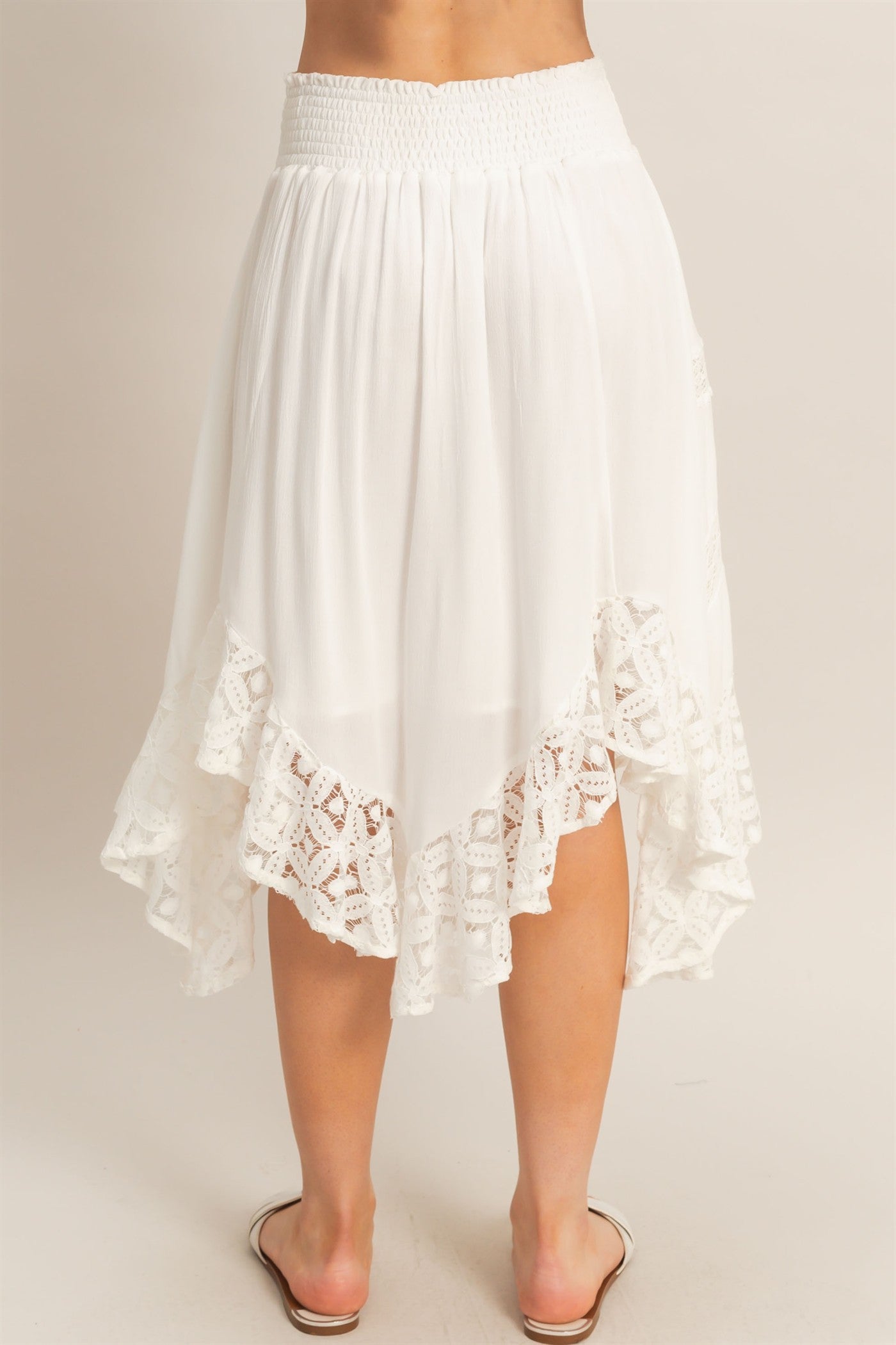 Wholesale Smocked Waist Lace Hem Skirt Skirts HF26A384 OFF WHITE HYFVE