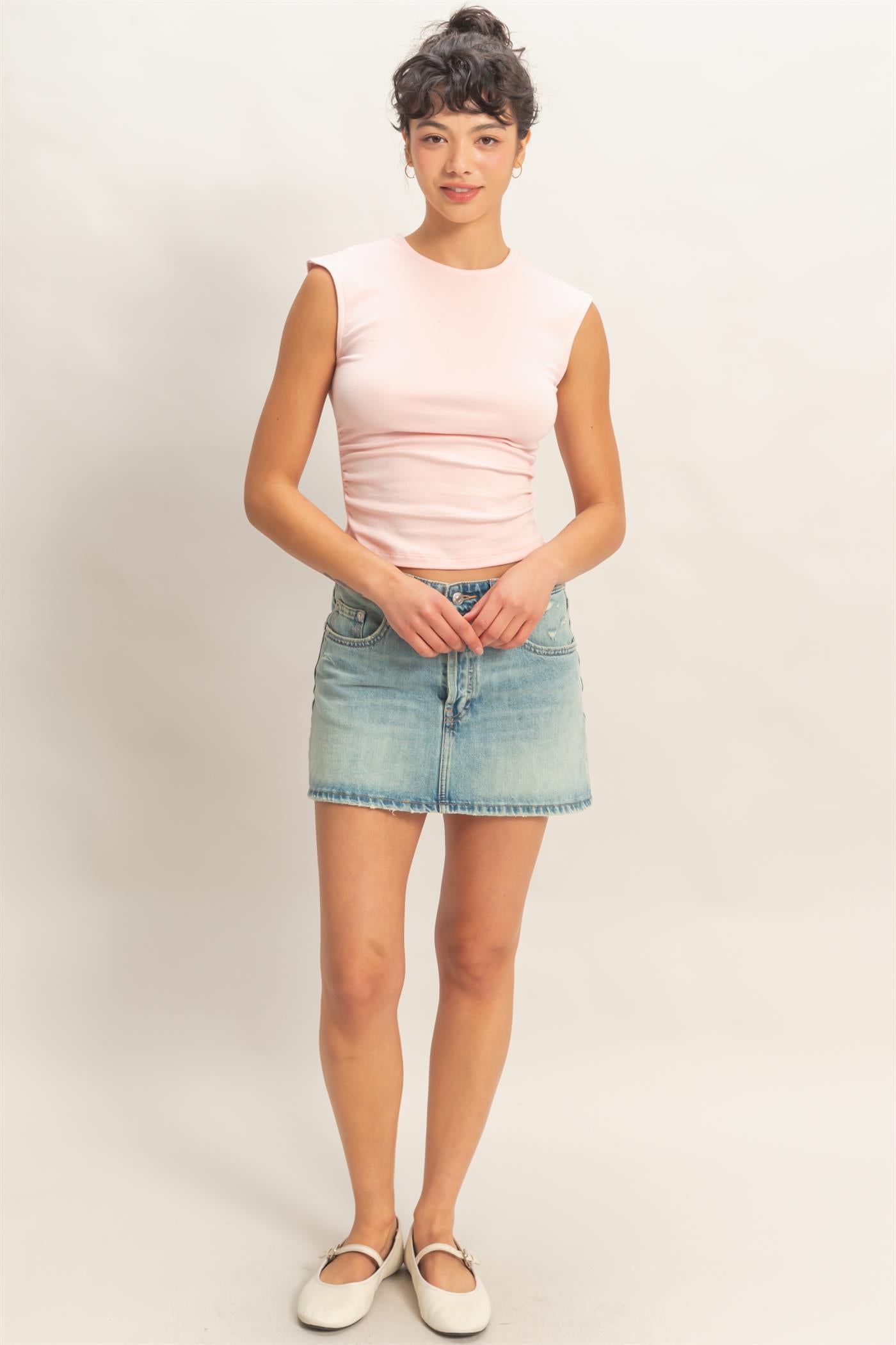 Wholesale Ruched Waist Cap Sleeve Top Clothing Tops DZ26A889 SOFT PINK DOUBLE ZERO