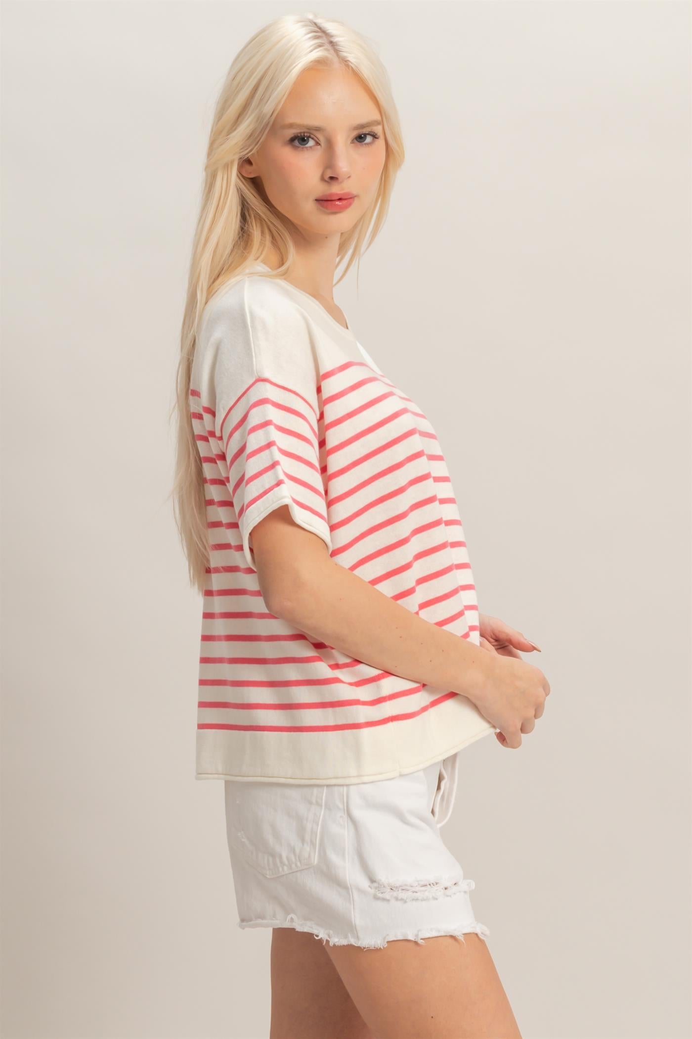 Wholesale Striped Short Sleeve Knit Top Clothing Tops DZ26A838 PINK DOUBLE ZERO
