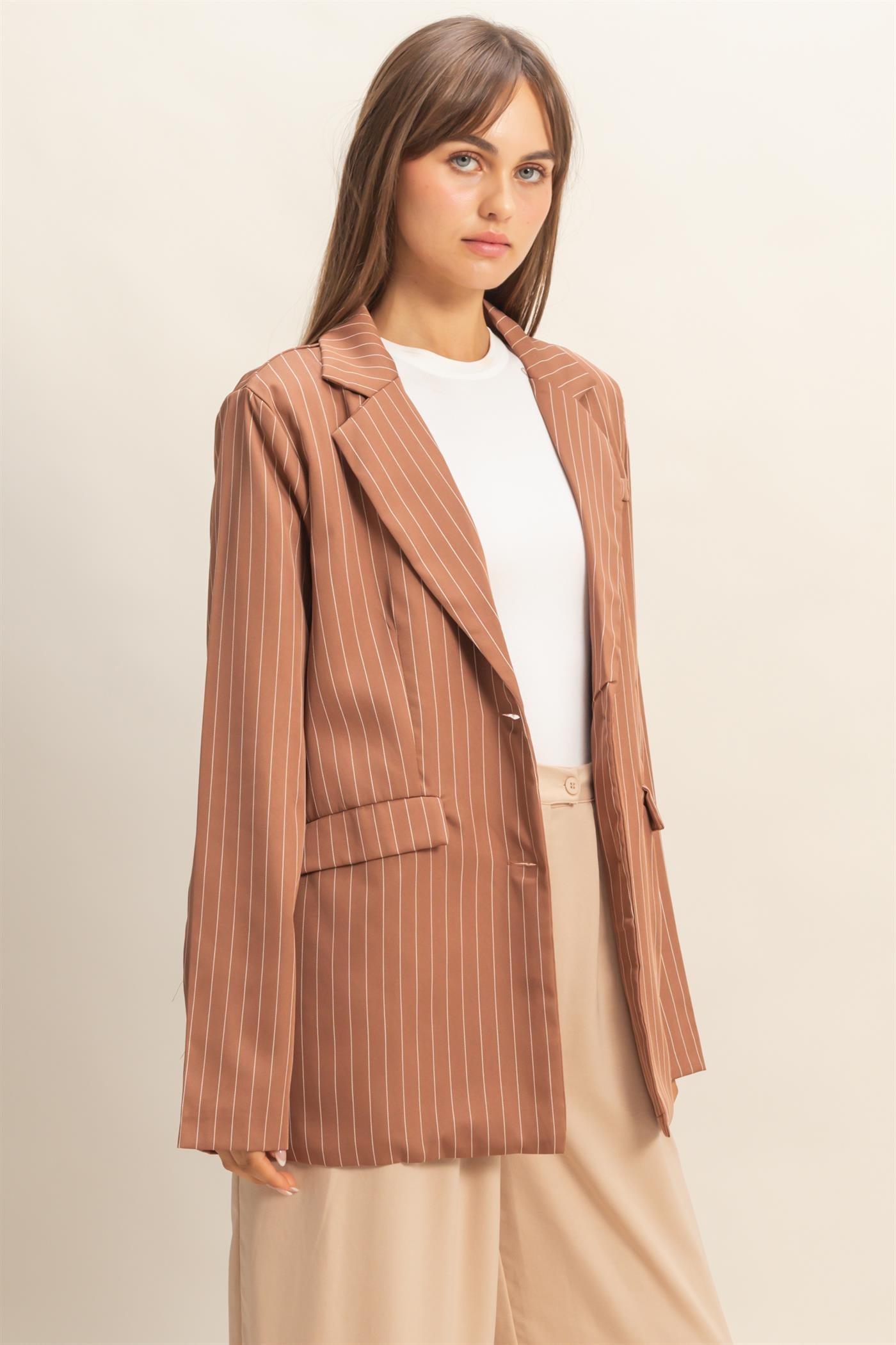 Wholesale Pin Stripe Oversized Blazer Coats & Jackets HF24A247 BROWN HYFVE