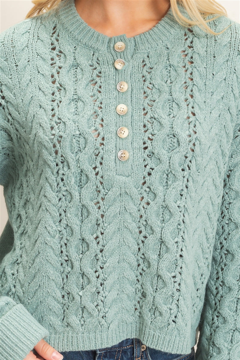 Wholesale Cable Knit Henley Sweaters HF26E552 CALMING GREEN HYFVE