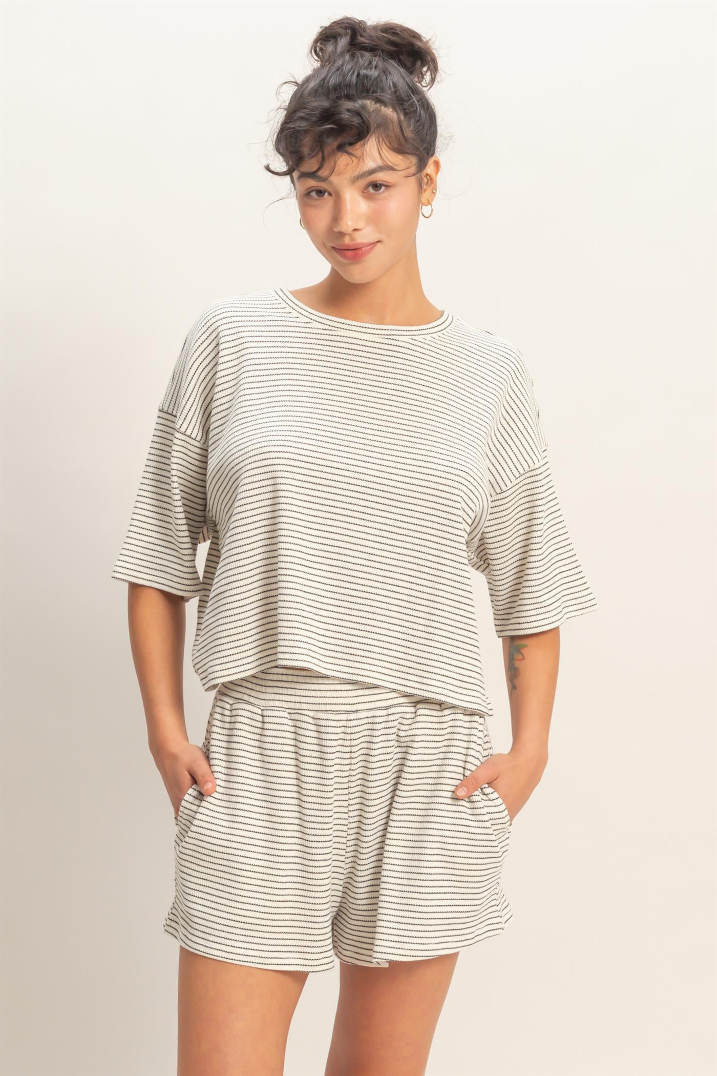 Wholesale Striped Round Neck Top & Shorts Set Clothing DZ26A045-SET CREAM DOUBLE ZERO