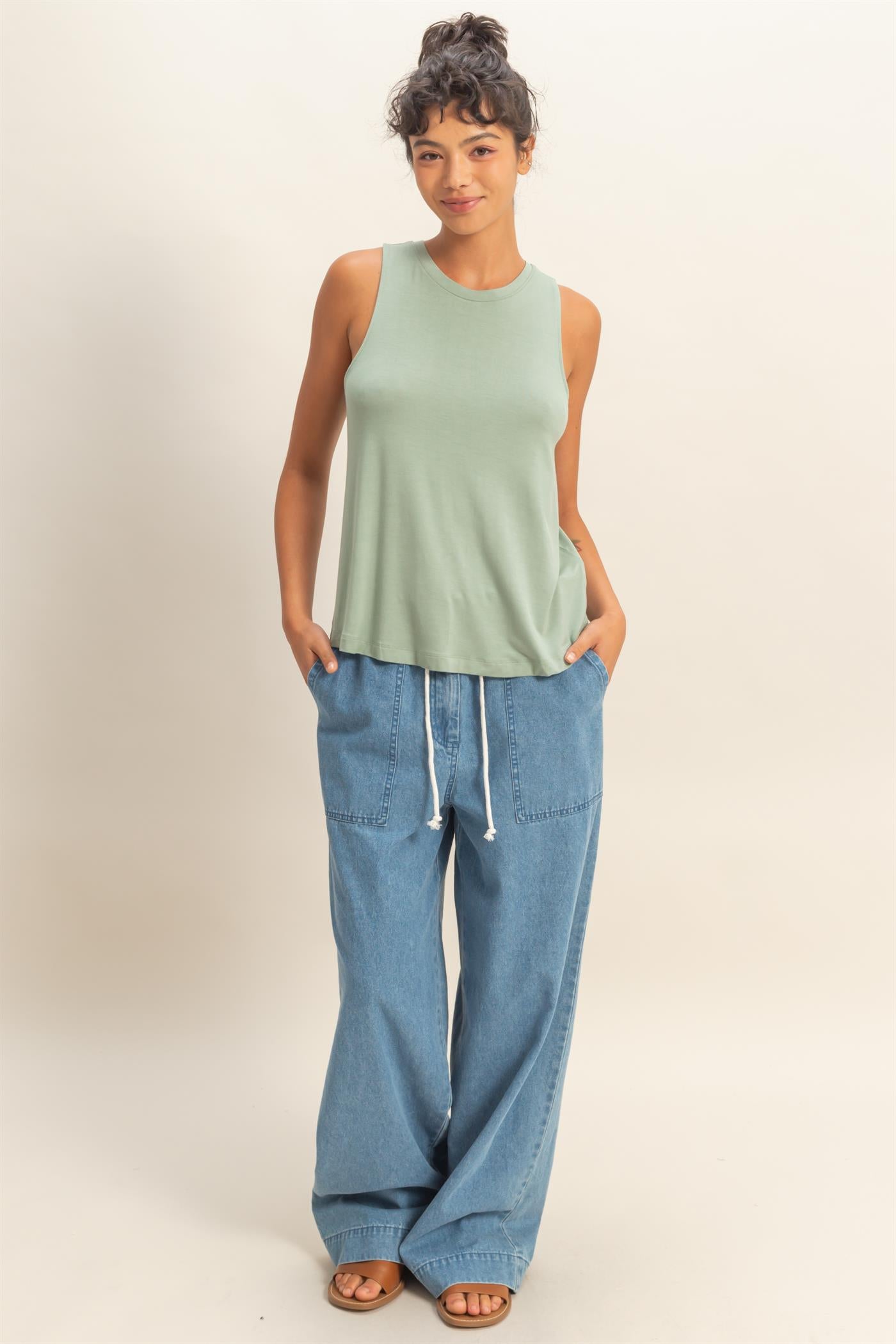 Wholesale Crew Neck Rayon Tank Top Tank Tops DZ26A332 SAGE GREEN DOUBLE ZERO