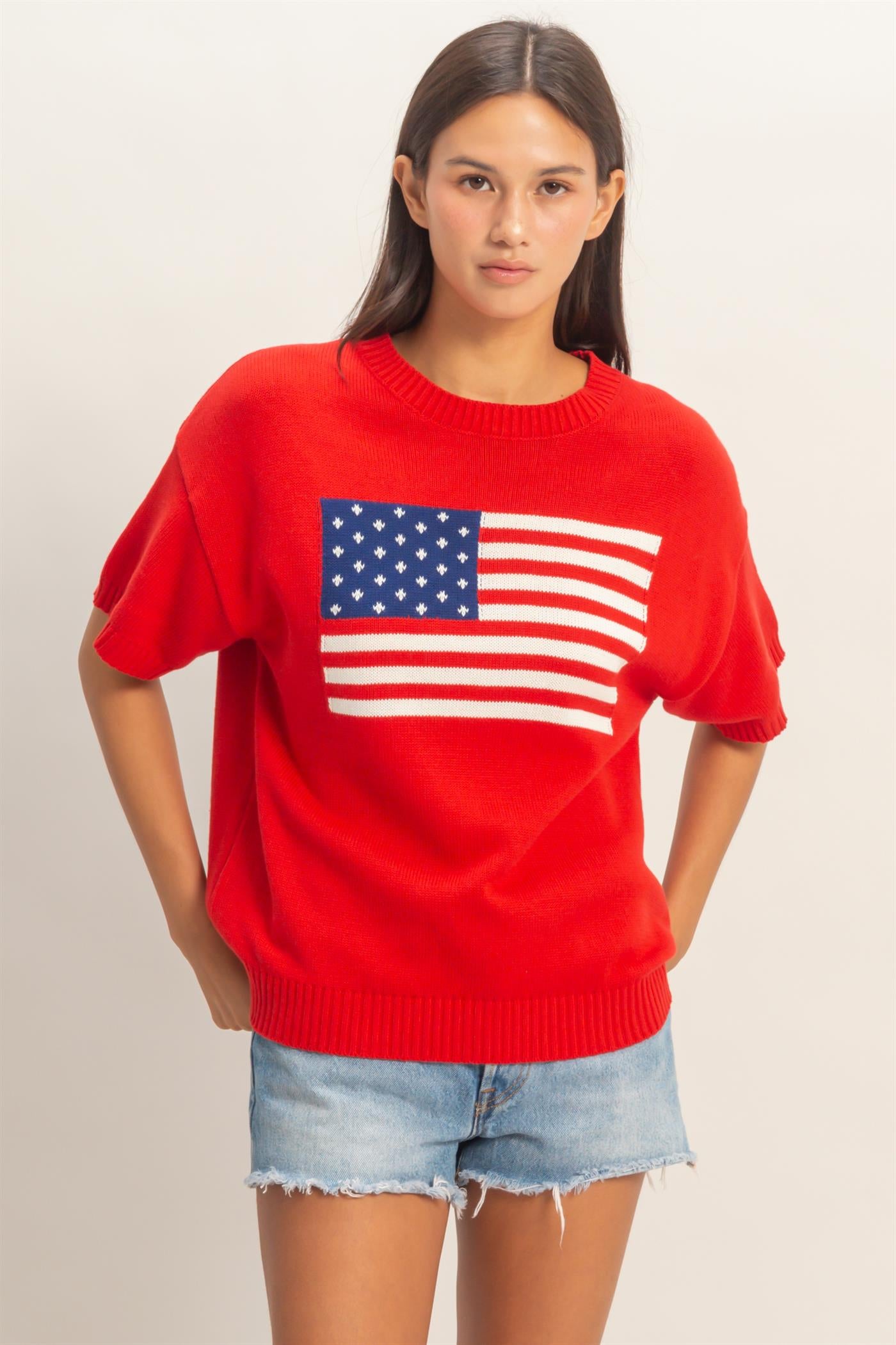 Wholesale American Flag Knit Top Shirts DZ26A309 RED DOUBLE ZERO