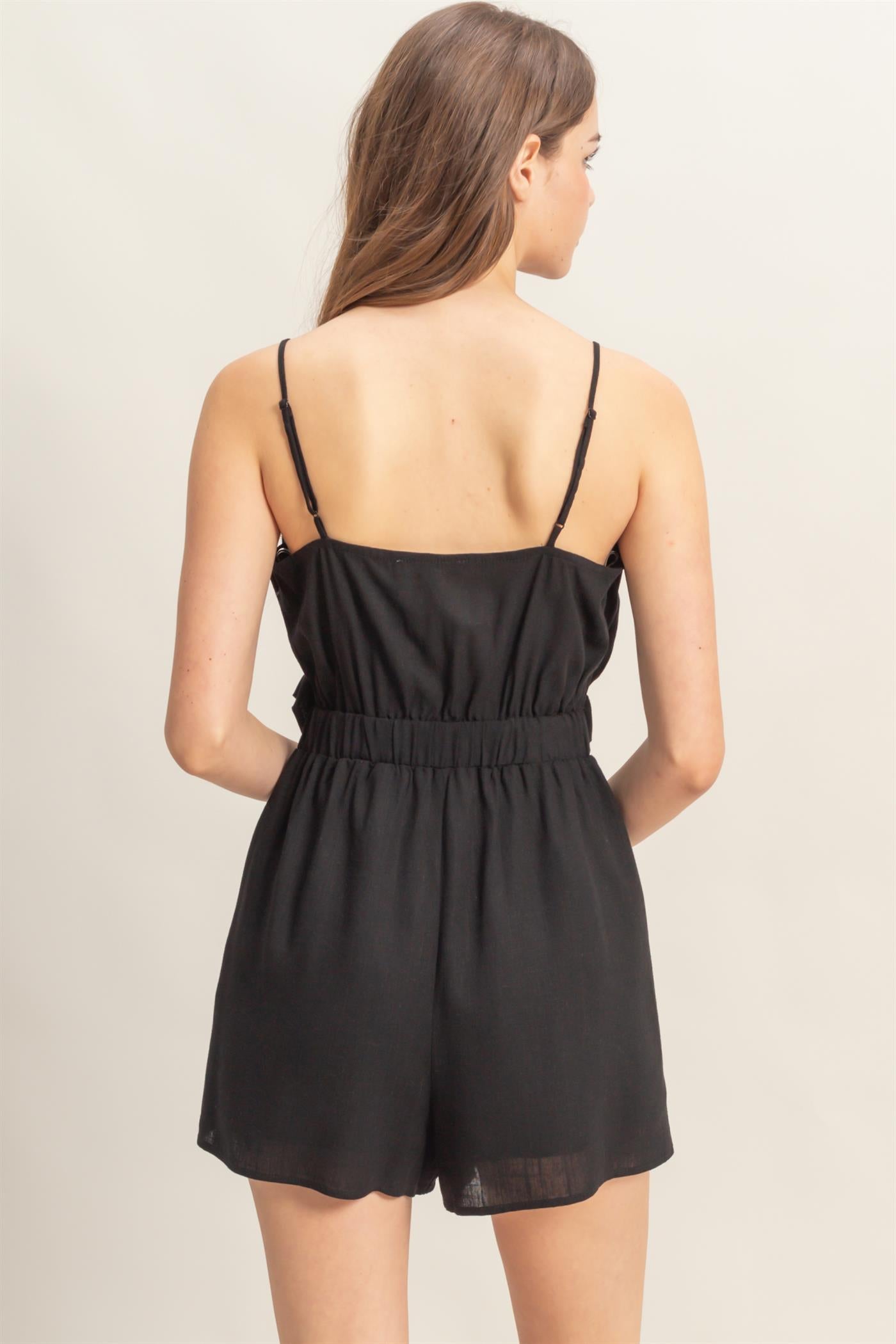 Wholesale Plunging V-Neck Cutout Linen Romper Clothing HF25A248 BLACK HYFVE