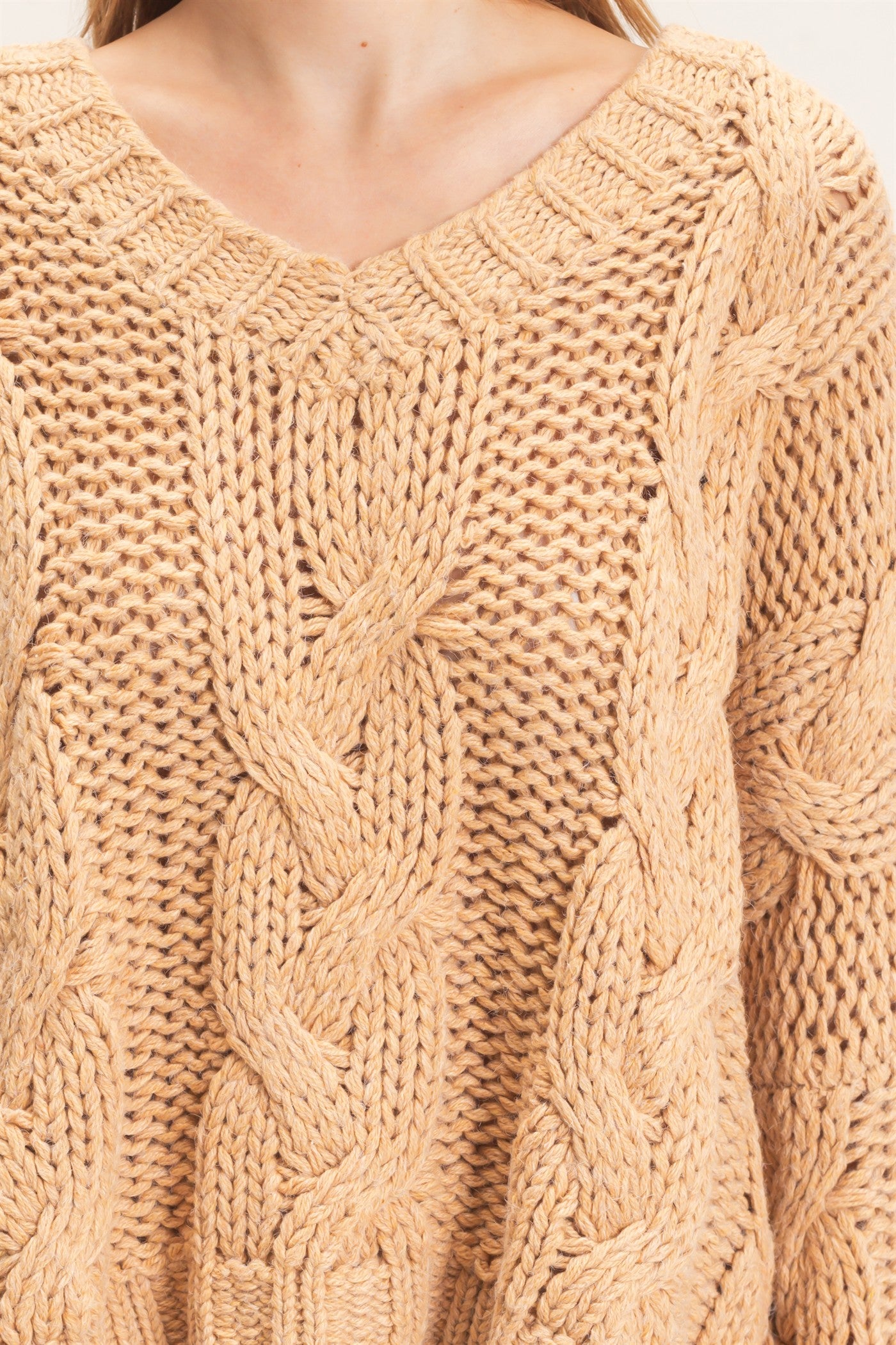 Wholesale Cable Knit V-Neck Sweater Sweaters HF26F175-D TAUPE HYFVE