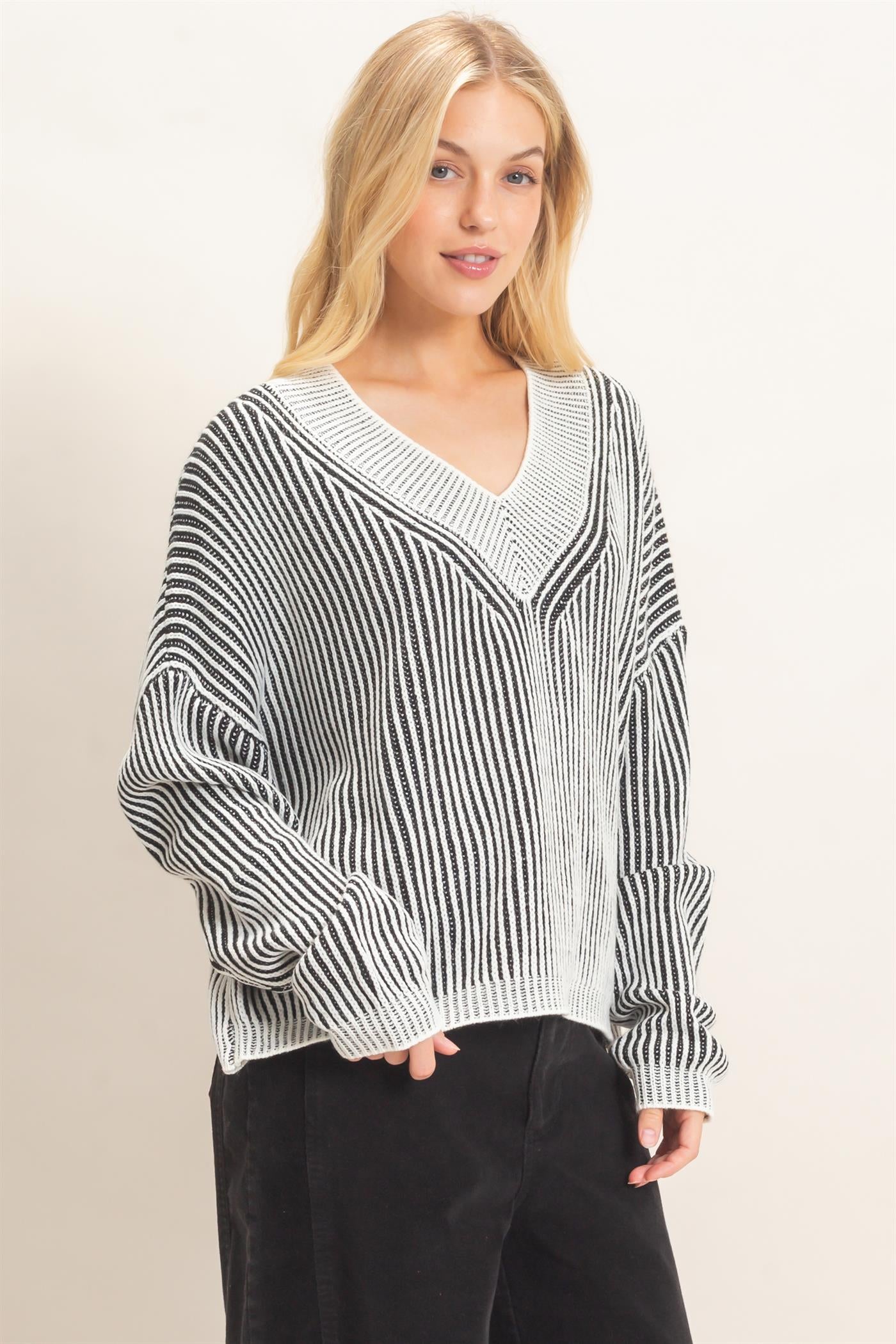 Wholesale Striped V-Neck Ribbed Sweater Sweaters HF26F202 BLACK HYFVE