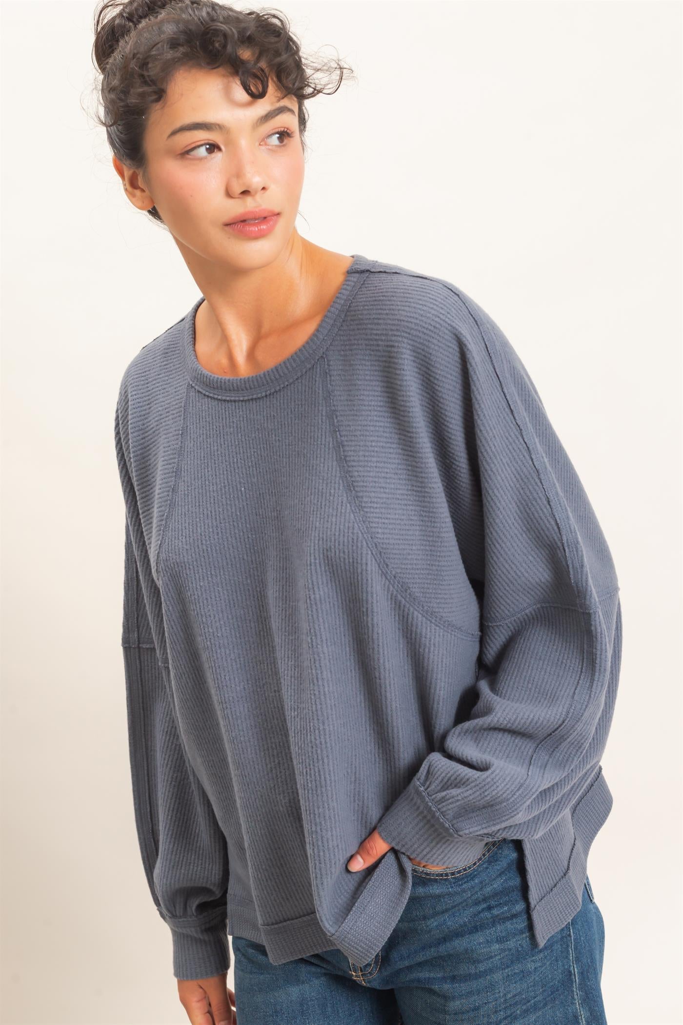 Wholesale Brushed Waffle Long Sleeve Top Clothing Tops DZ26F312 DARK GRAY DOUBLE ZERO