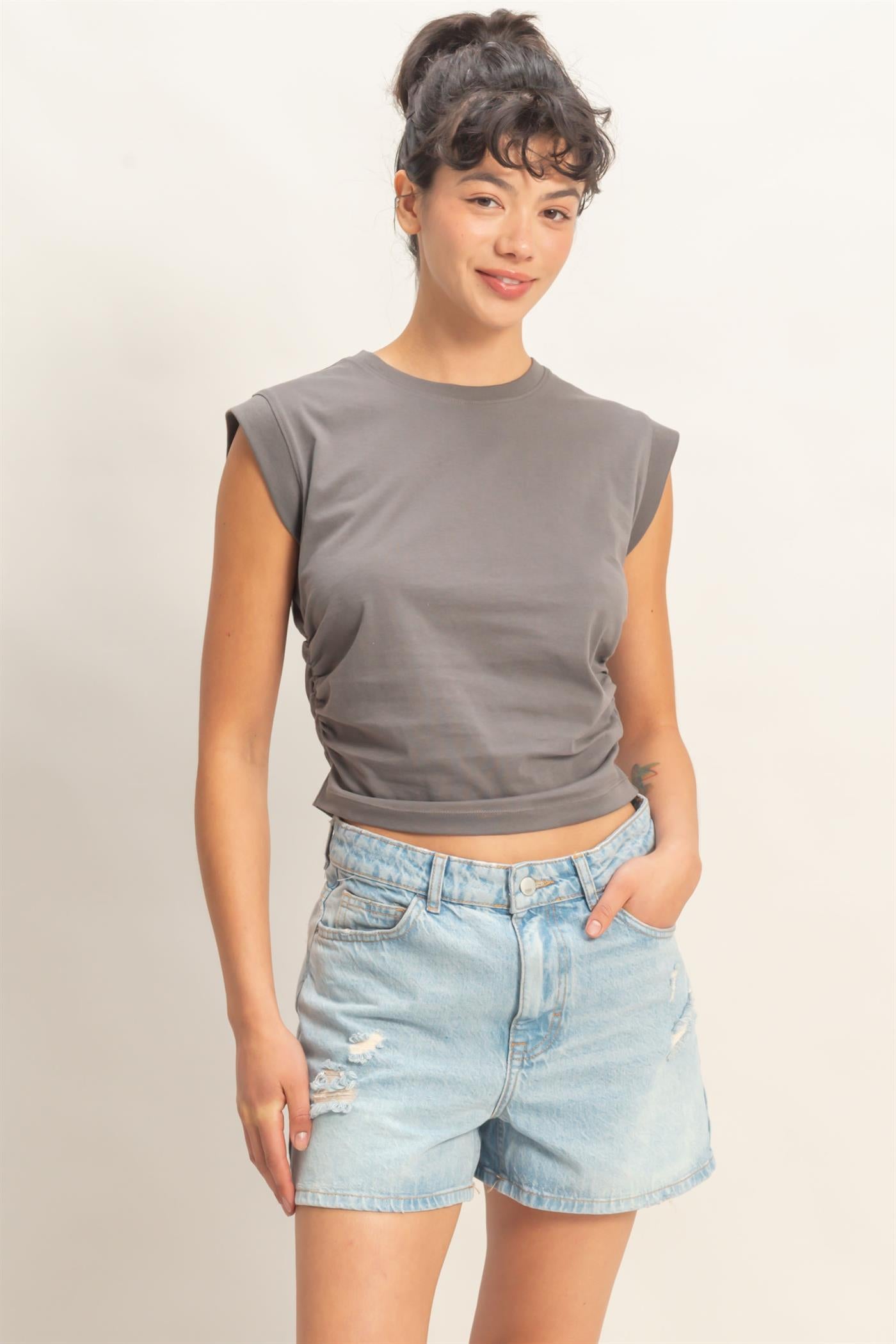 Wholesale Ruched Waist Sleeveless Cotton Top Clothing Tops DZ26C520 CHARCOAL DOUBLE ZERO