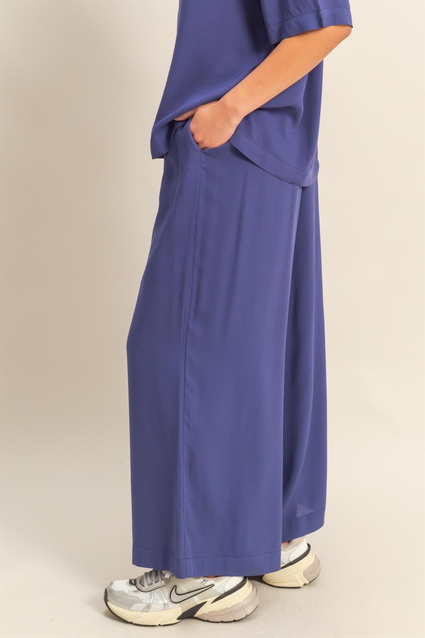 Wholesale High Waist Woven Wide Leg Pants Pants DZ25C192 DUSTY INDIGO DOUBLE ZERO