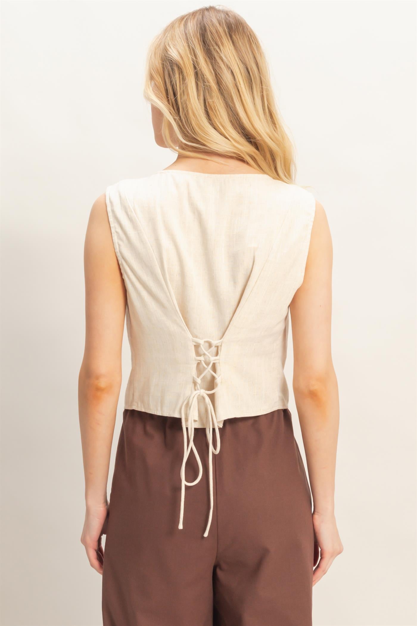 Wholesale Sleeveless Button Front Top Clothing Tops HF26A583 OATMEAL HYFVE