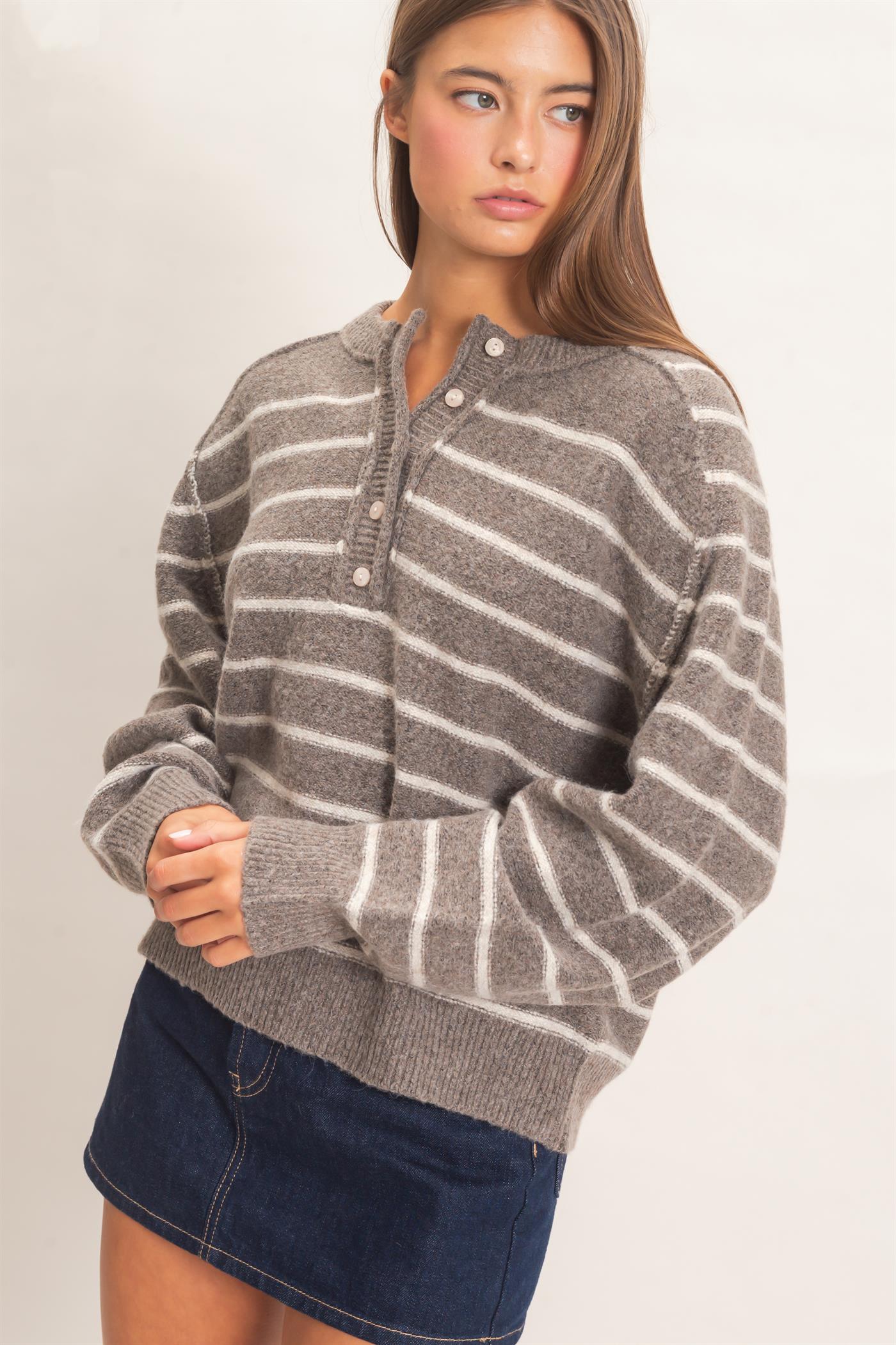 Wholesale Stripe Henley Sweater Sweaters DZ26F002 ASH BROWN DOUBLE ZERO