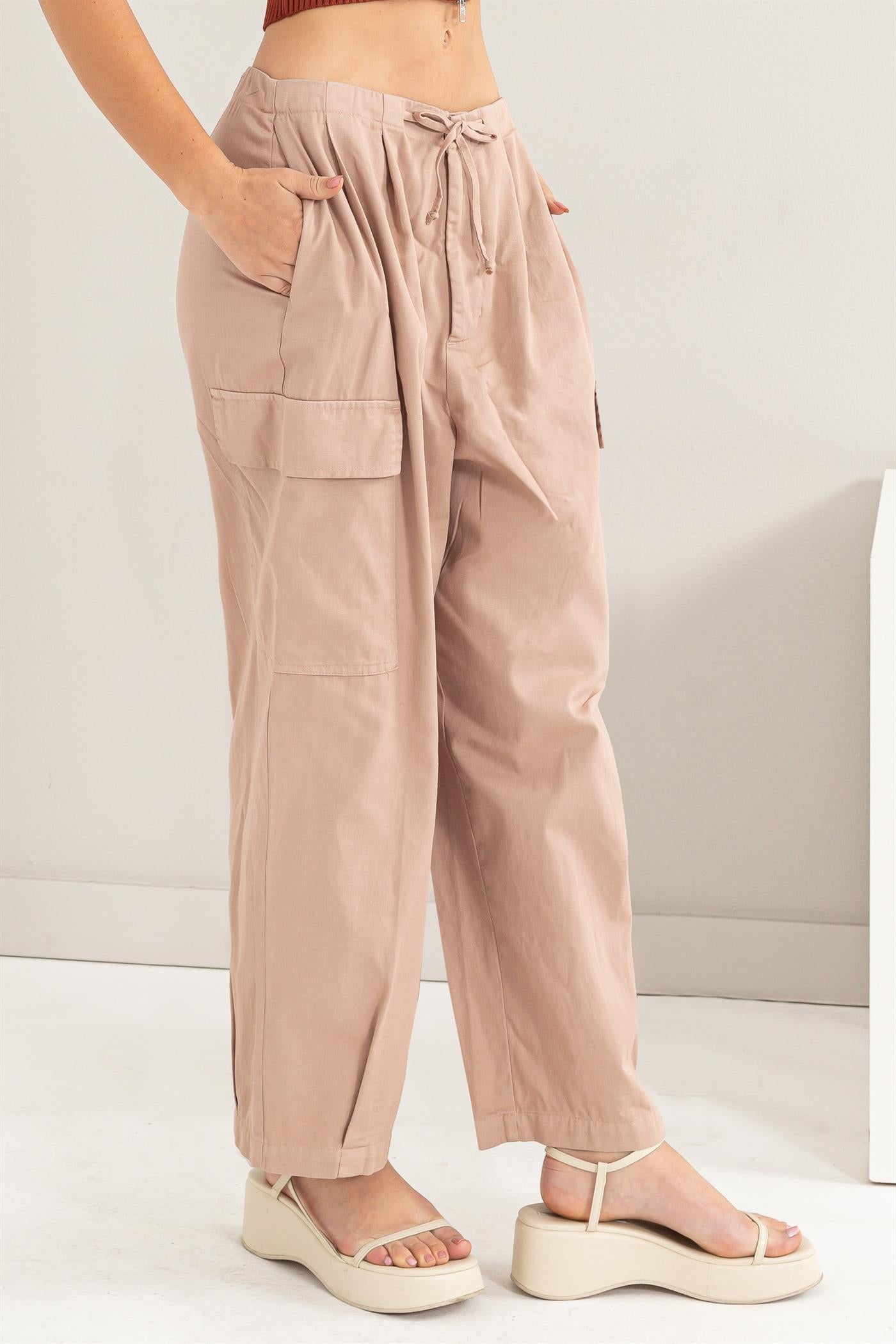 Wholesale High Waist Drawstring Cargo Pants Pants DZ24A650 TAN DOUBLE ZERO