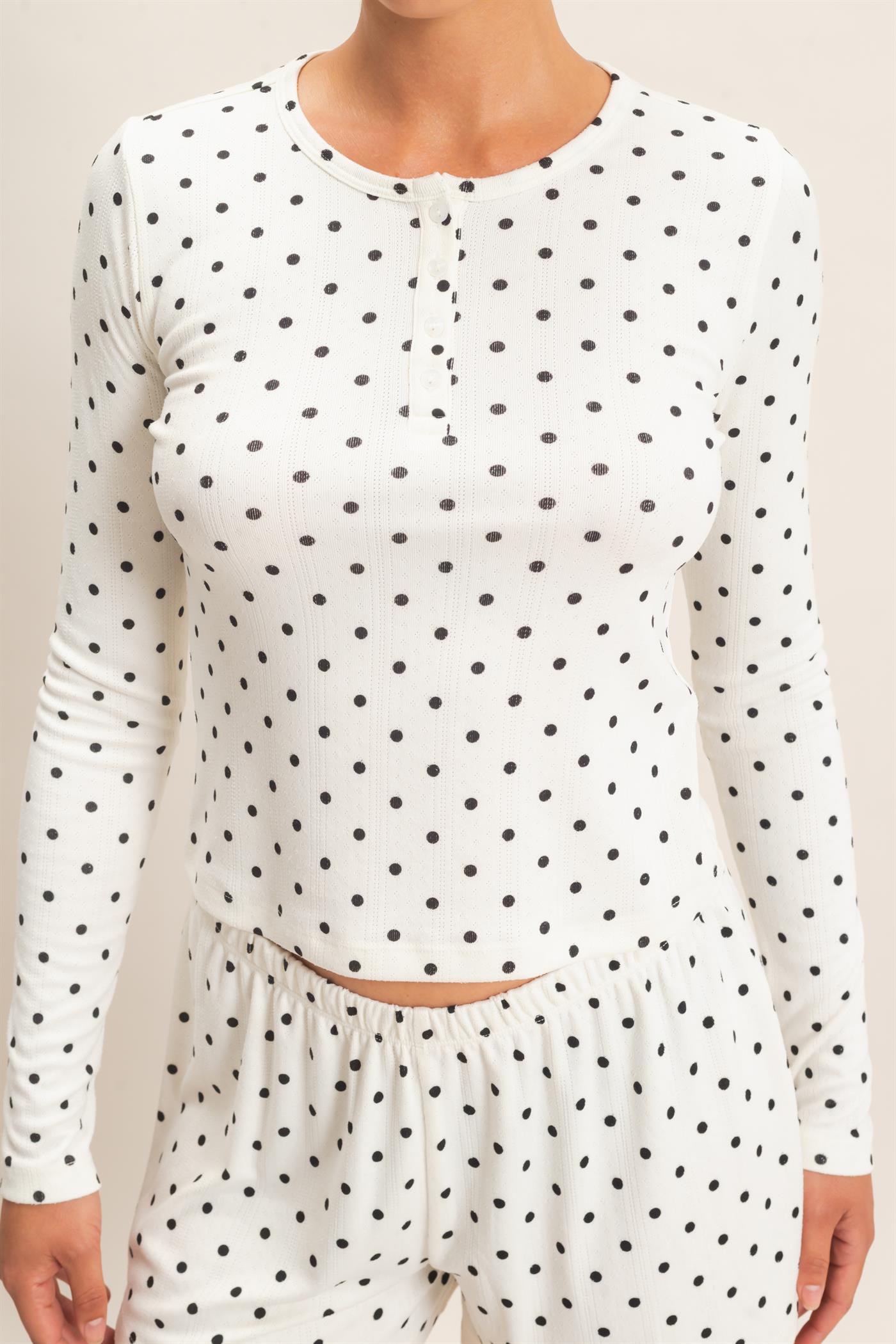 Wholesale Polka Dot Henley Long Sleeve Top & Shorts Set Clothing DZ27A154-SET CREAM DOUBLE ZERO