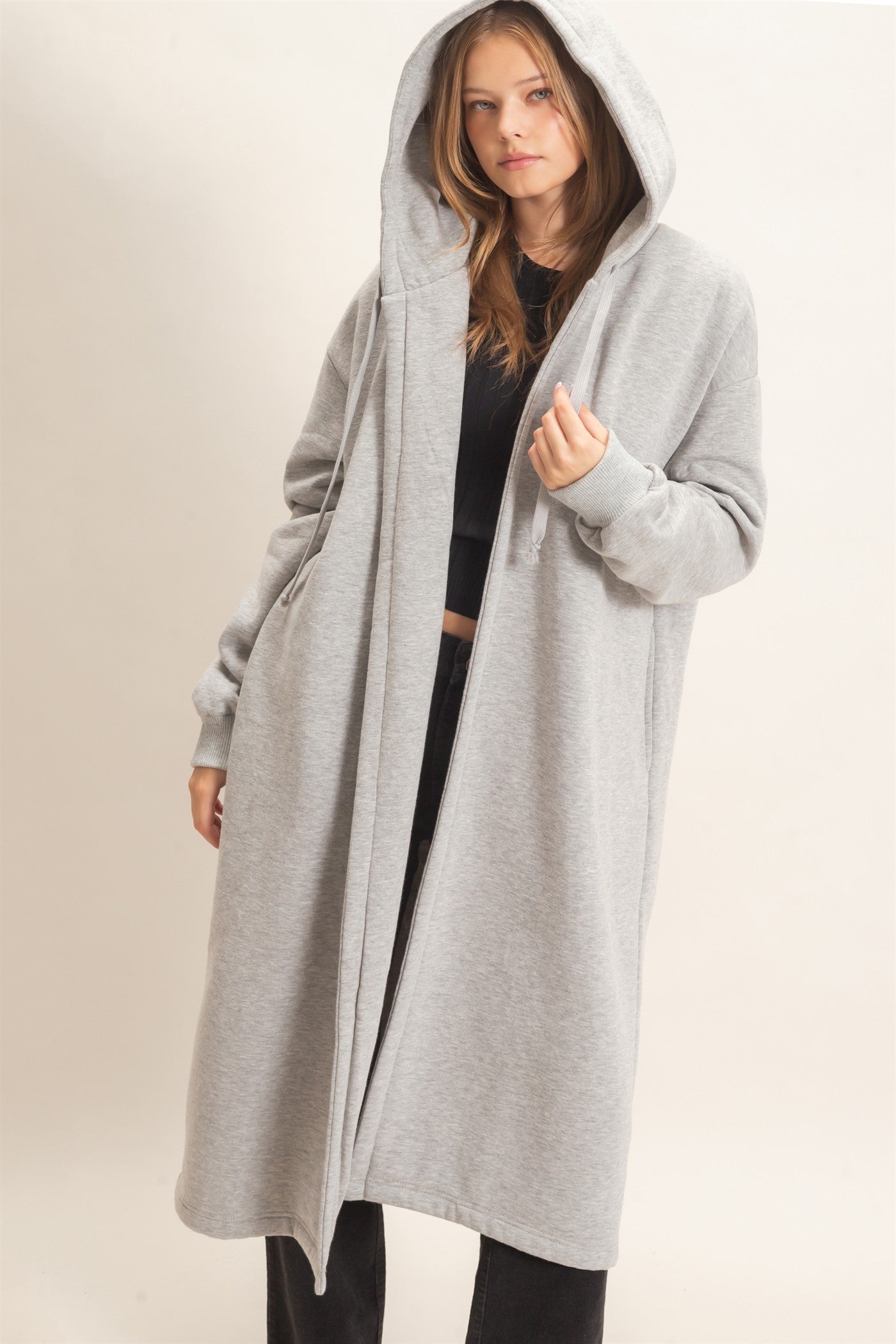 Wholesale Oversized Hooded Open Front Coat Coats & Jackets HF26F142-D H.GRAY HYFVE
