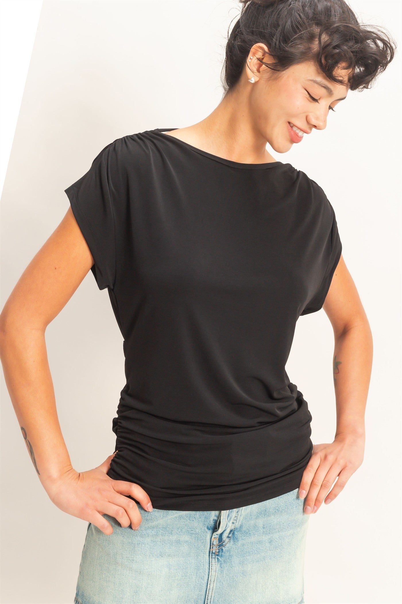 Wholesale Cowl Back Draped Cap Sleeve Top Clothing Tops DZ26C025 BLACK DOUBLE ZERO
