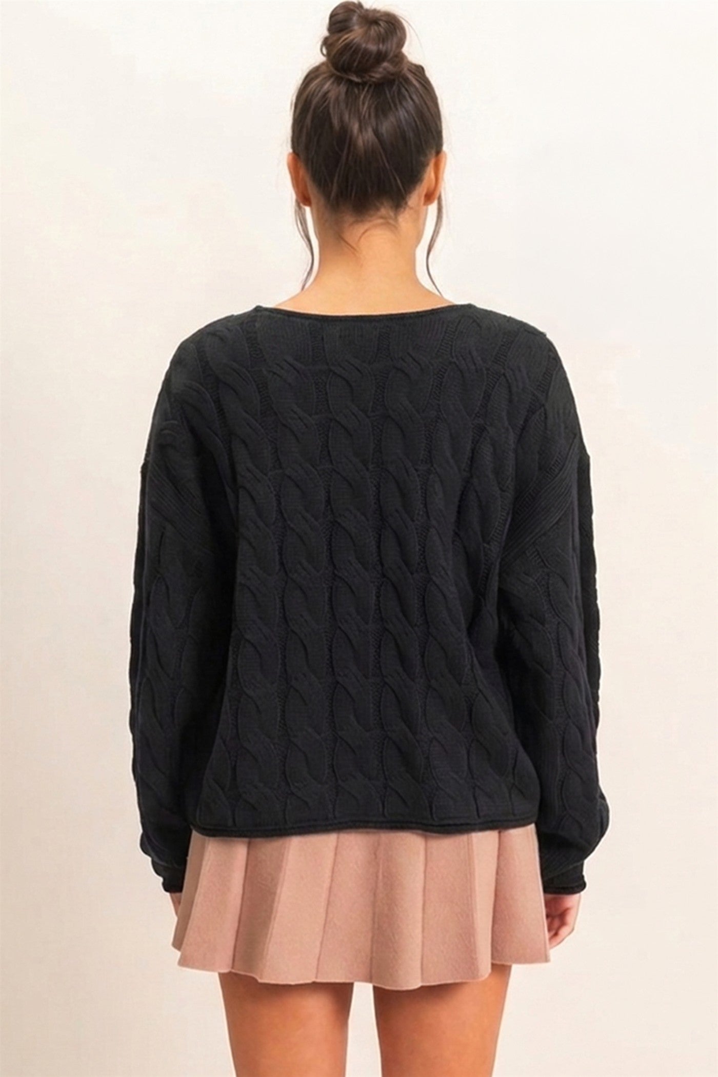 Wholesale Cable Knit V-Neck Sweater Sweaters DZ26E087 BLACK DOUBLE ZERO